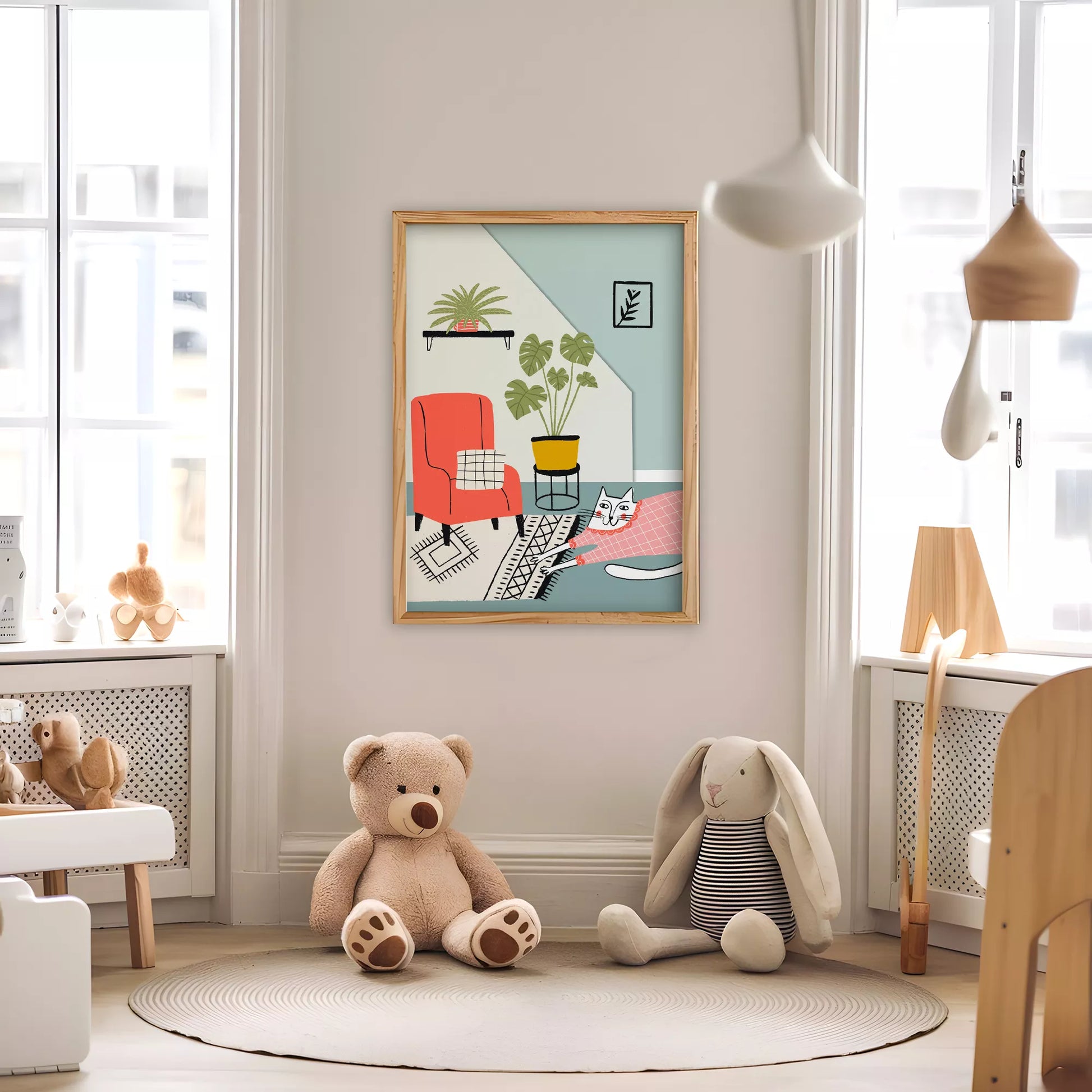 居心地の良い空間をテーマにしたキャットデザインのキッズアートポスター 子供部屋用