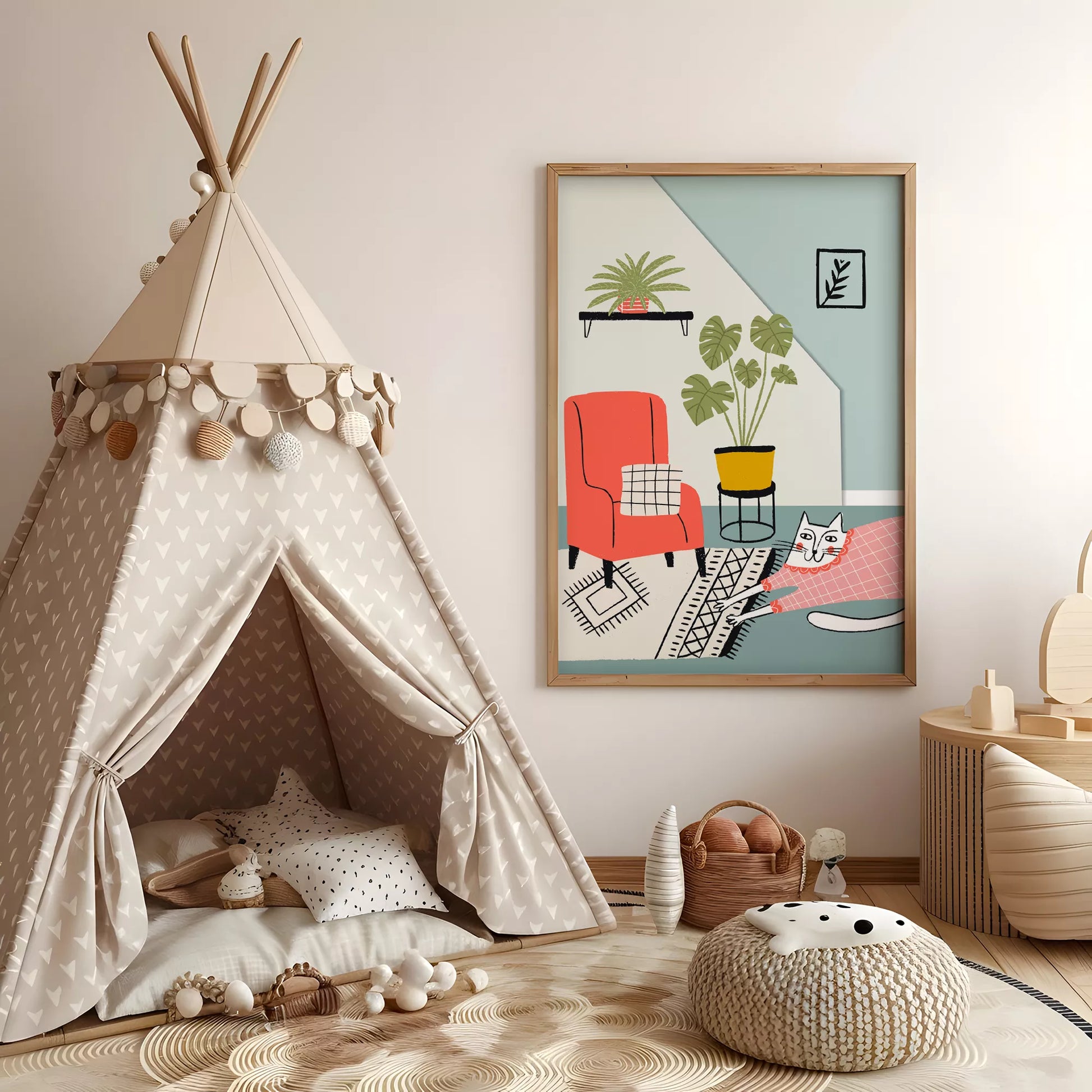 居心地の良い空間をテーマにしたキャットデザインのキッズアートポスター 子供部屋用