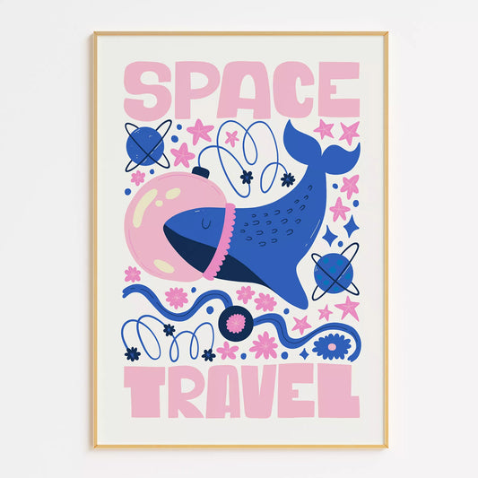 子供可愛いクジラ宇宙飛行士宇宙旅行ポスターピンクブルー