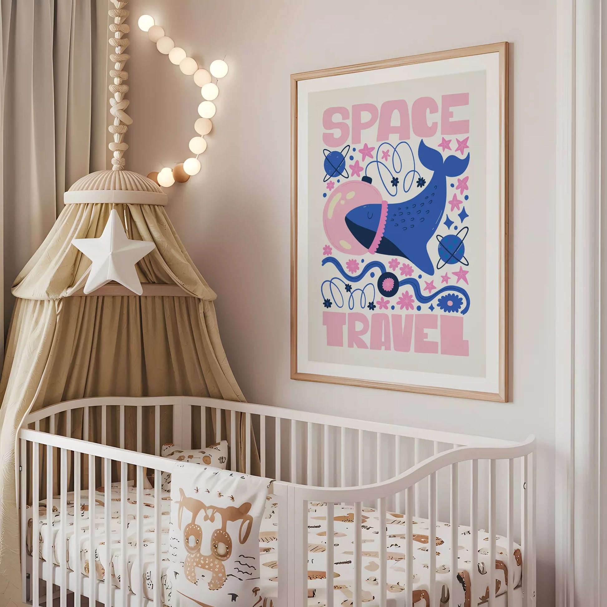 子供可愛いクジラ宇宙飛行士宇宙旅行ポスターピンクブルー