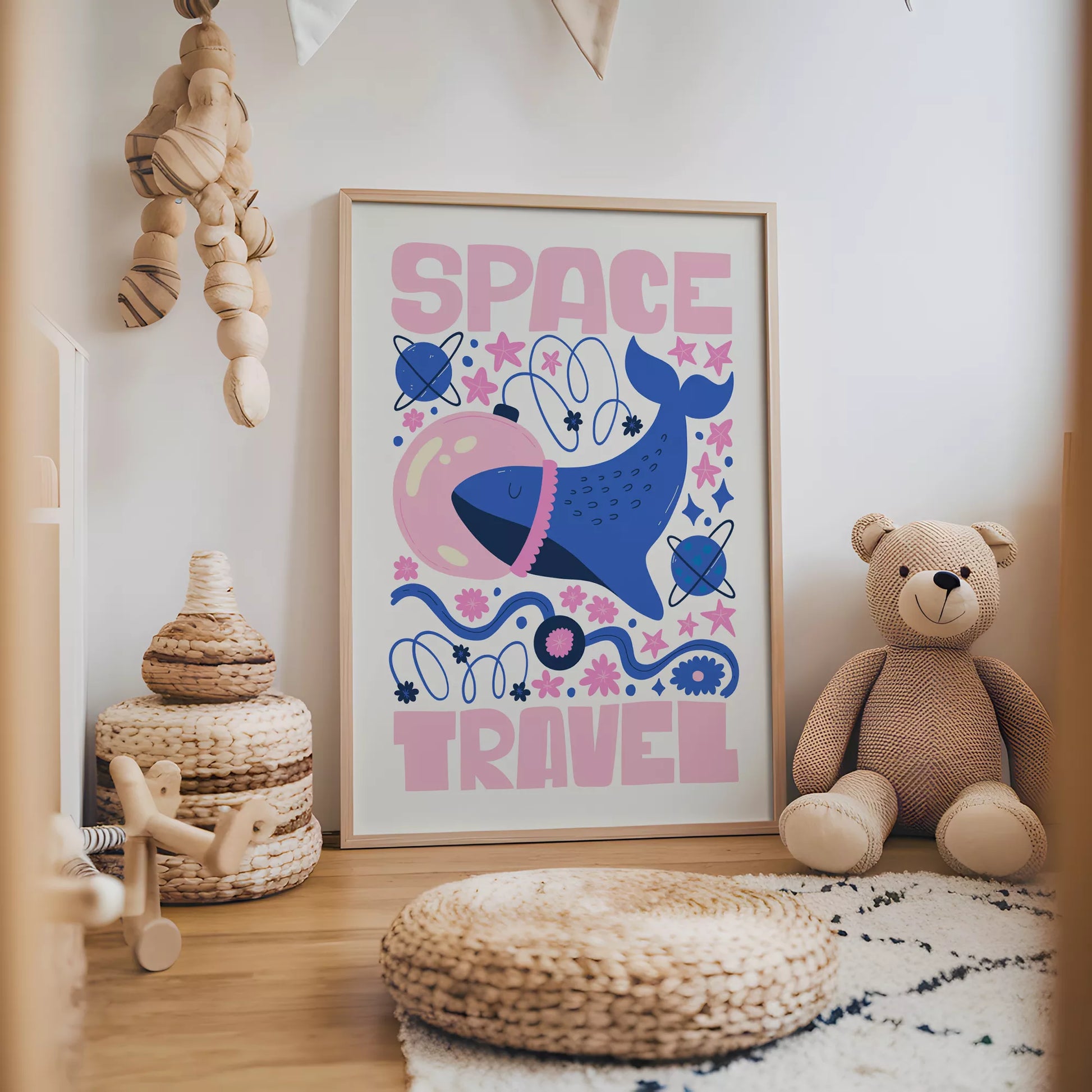 子供可愛いクジラ宇宙飛行士宇宙旅行ポスターピンクブルー