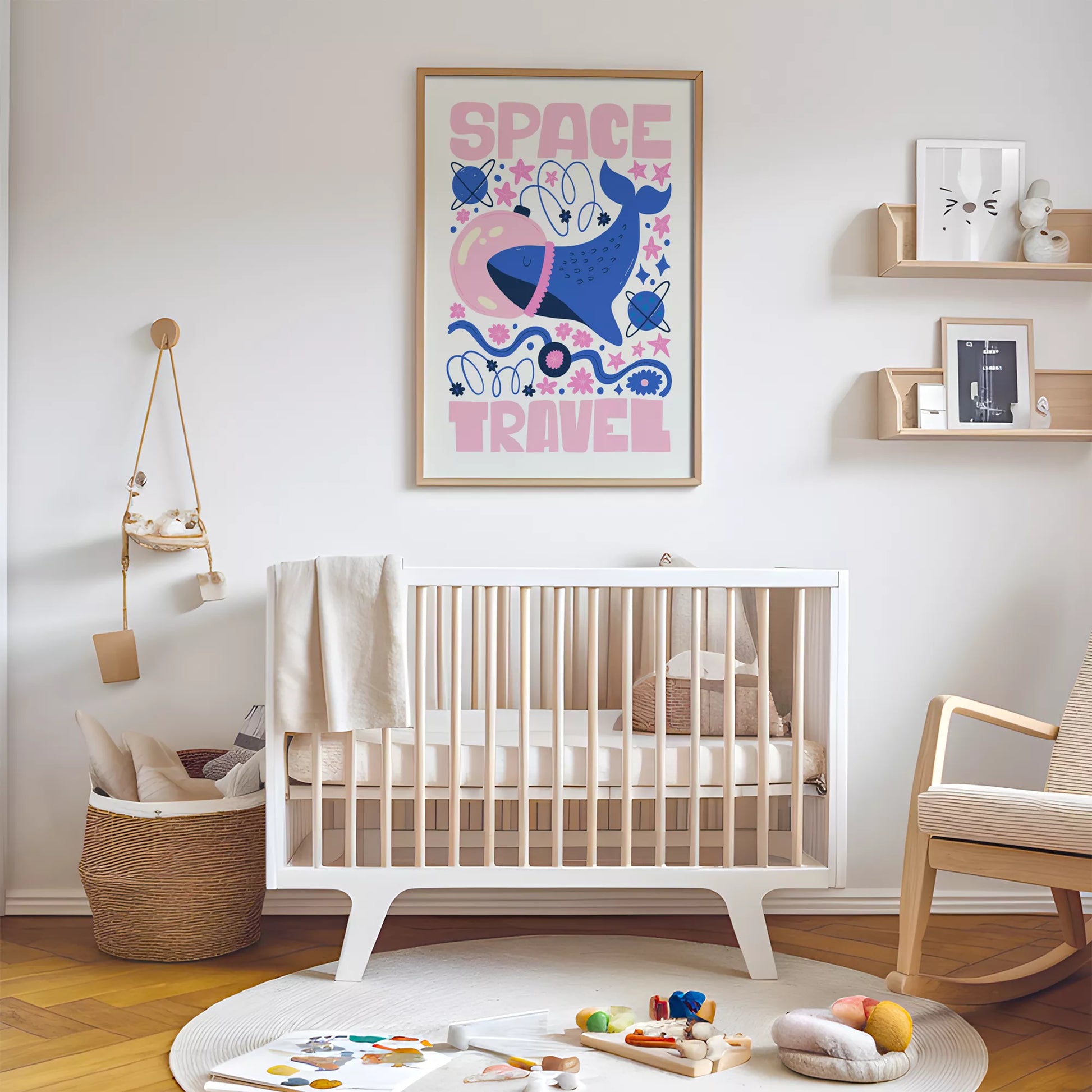 子供可愛いクジラ宇宙飛行士宇宙旅行ポスターピンクブルー