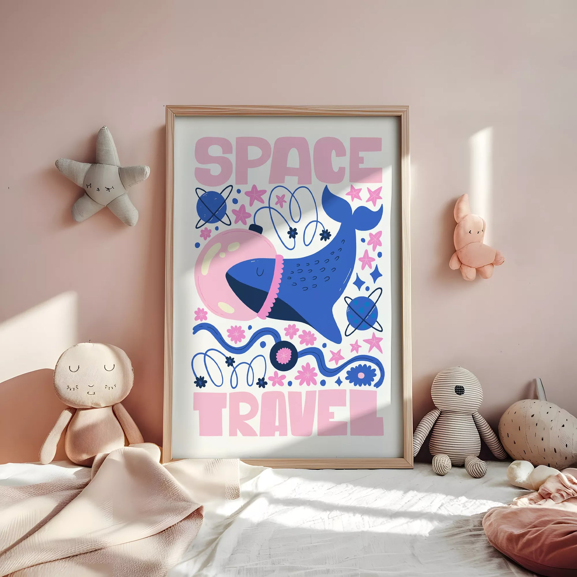 子供可愛いクジラ宇宙飛行士宇宙旅行ポスターピンクブルー