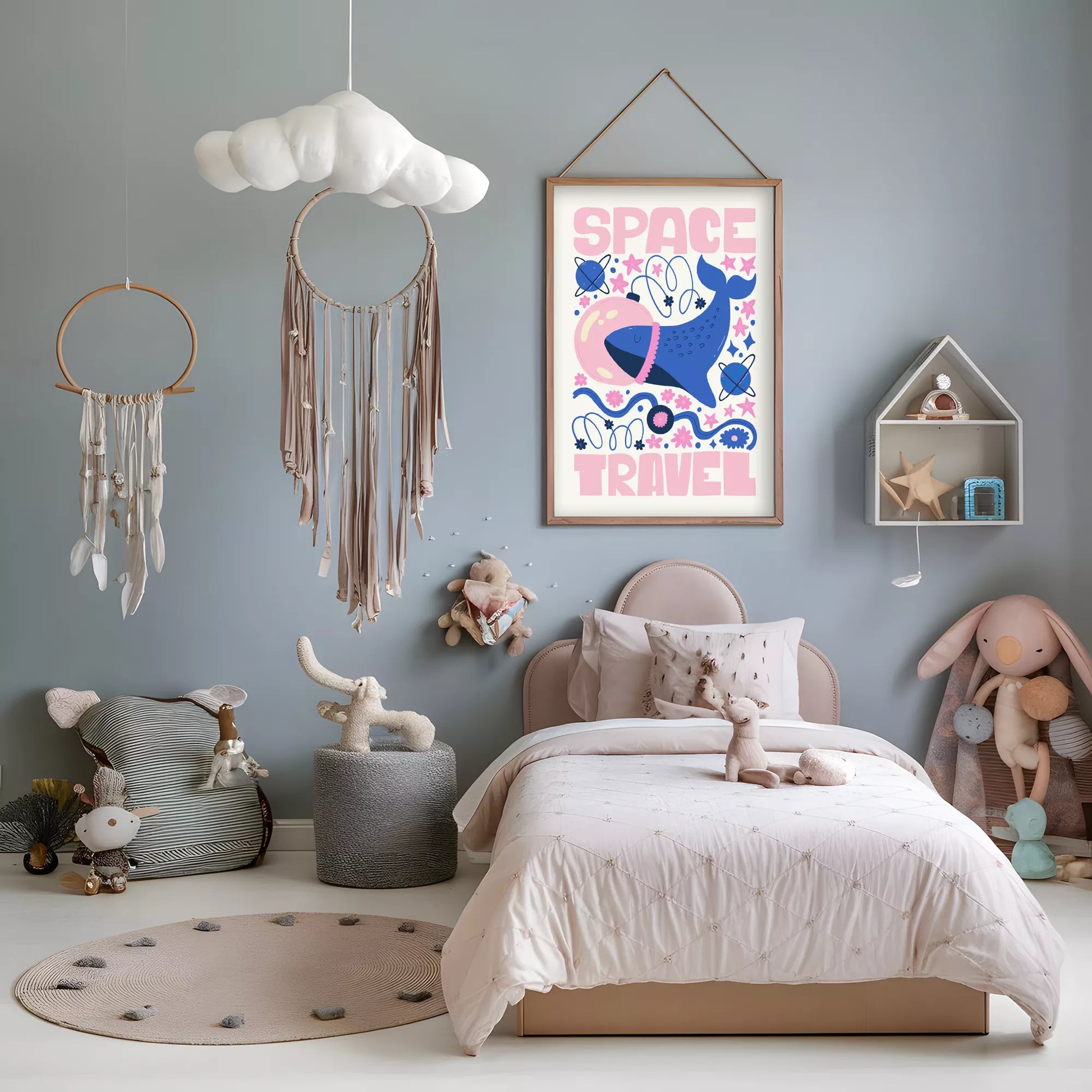 子供可愛いクジラ宇宙飛行士宇宙旅行ポスターピンクブルー