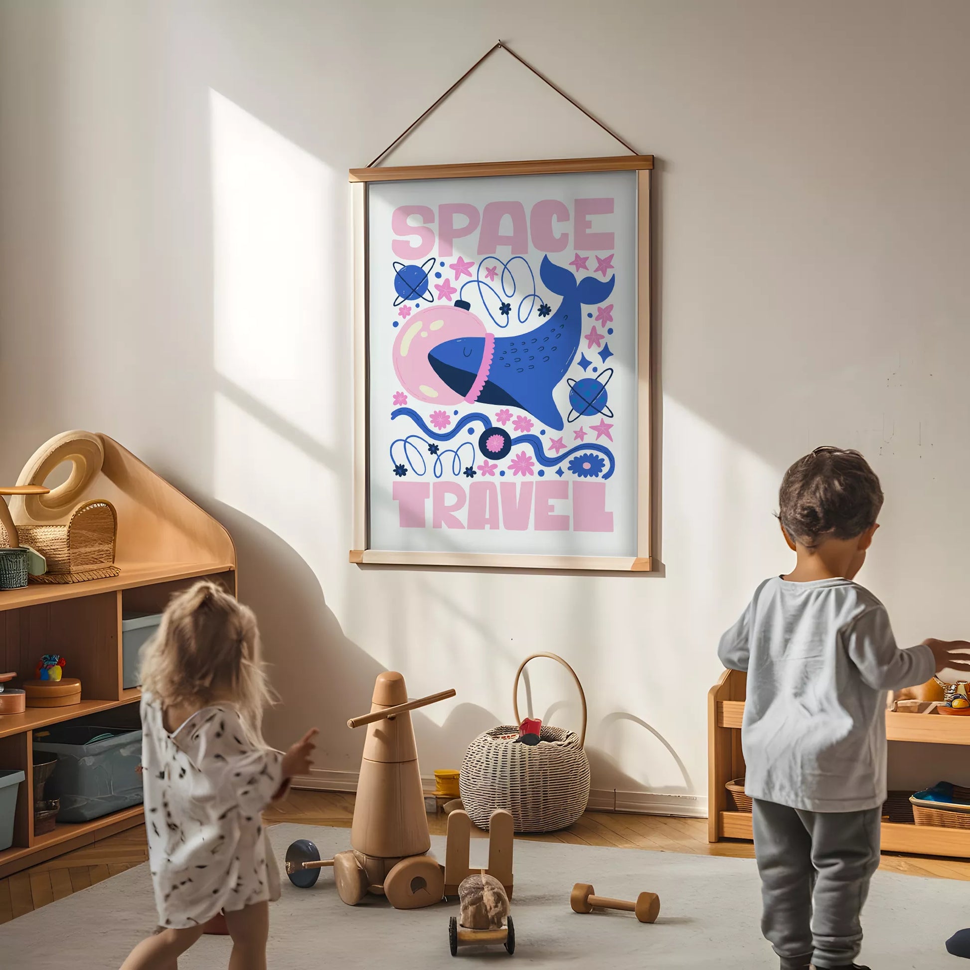 子供可愛いクジラ宇宙飛行士宇宙旅行ポスターピンクブルー