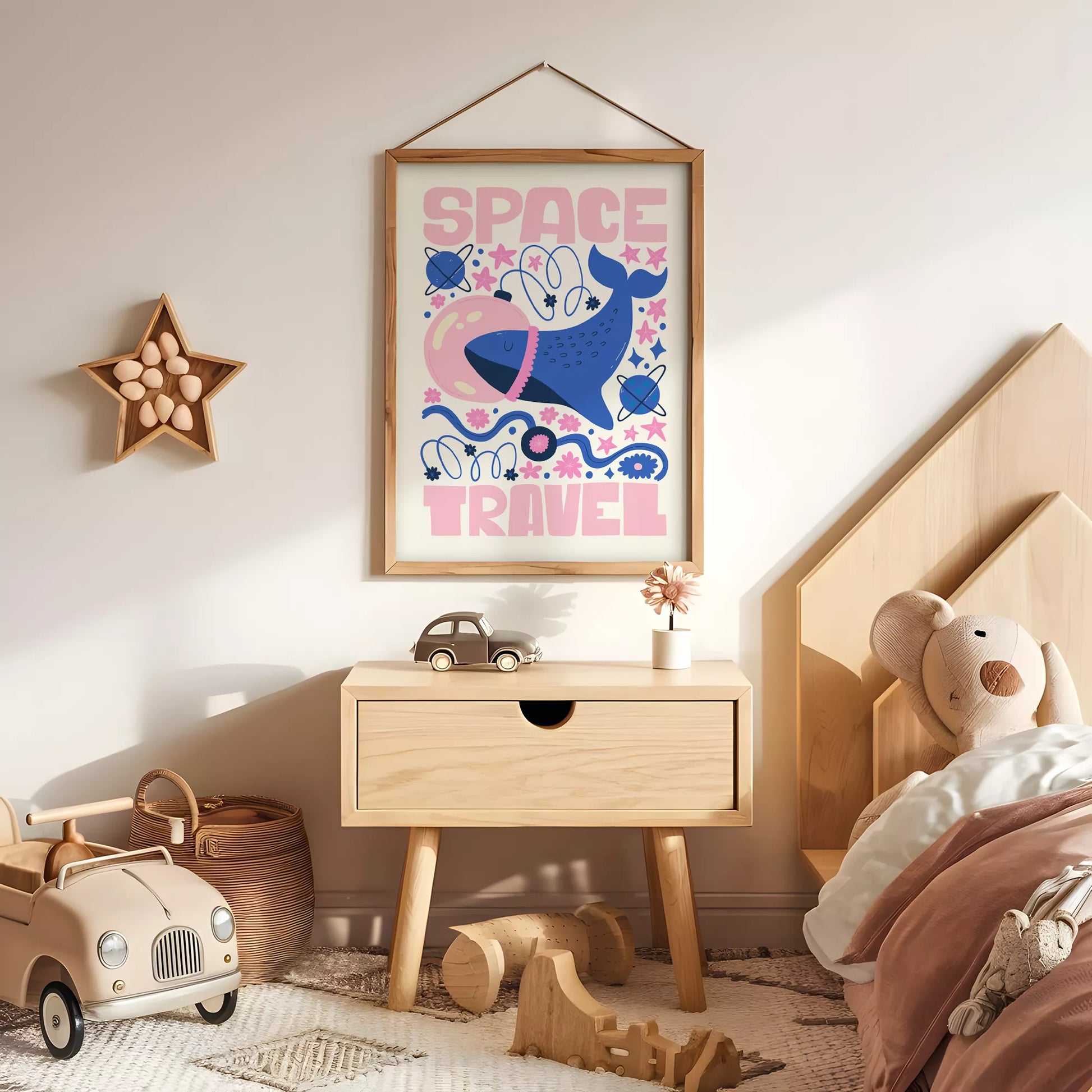 子供可愛いクジラ宇宙飛行士宇宙旅行ポスターピンクブルー