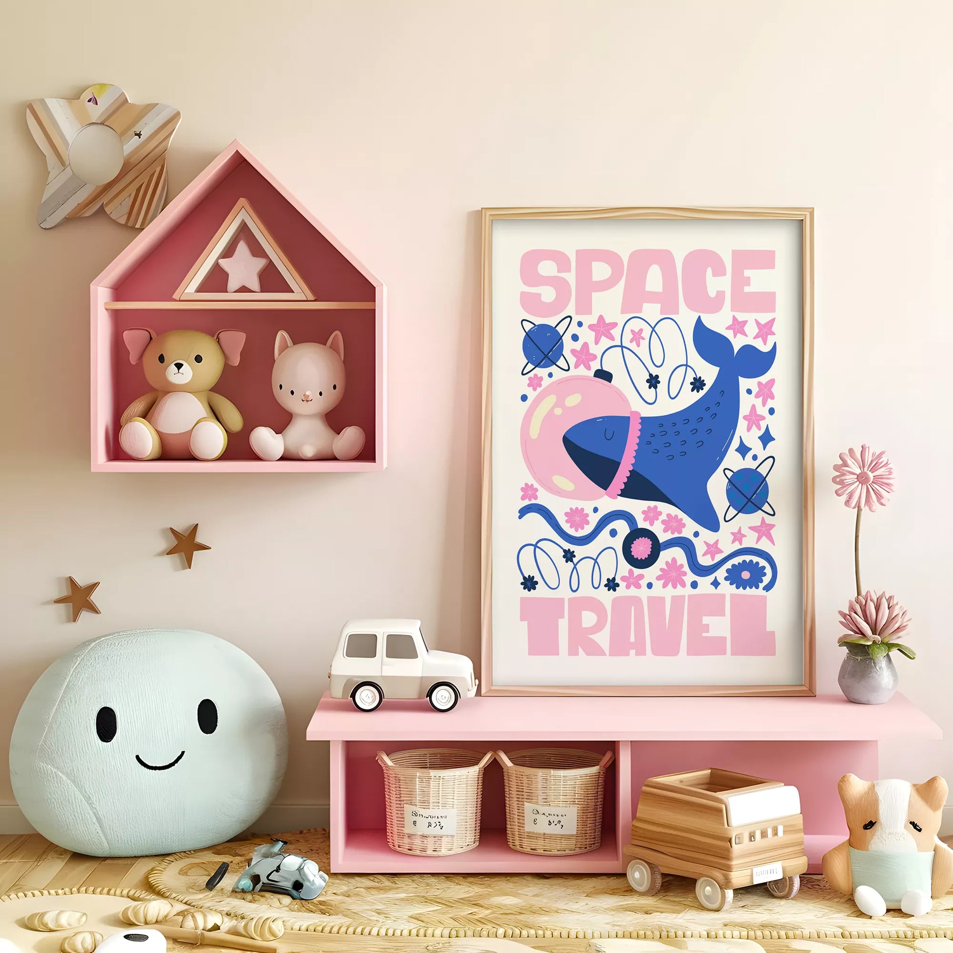 子供可愛いクジラ宇宙飛行士宇宙旅行ポスターピンクブルー