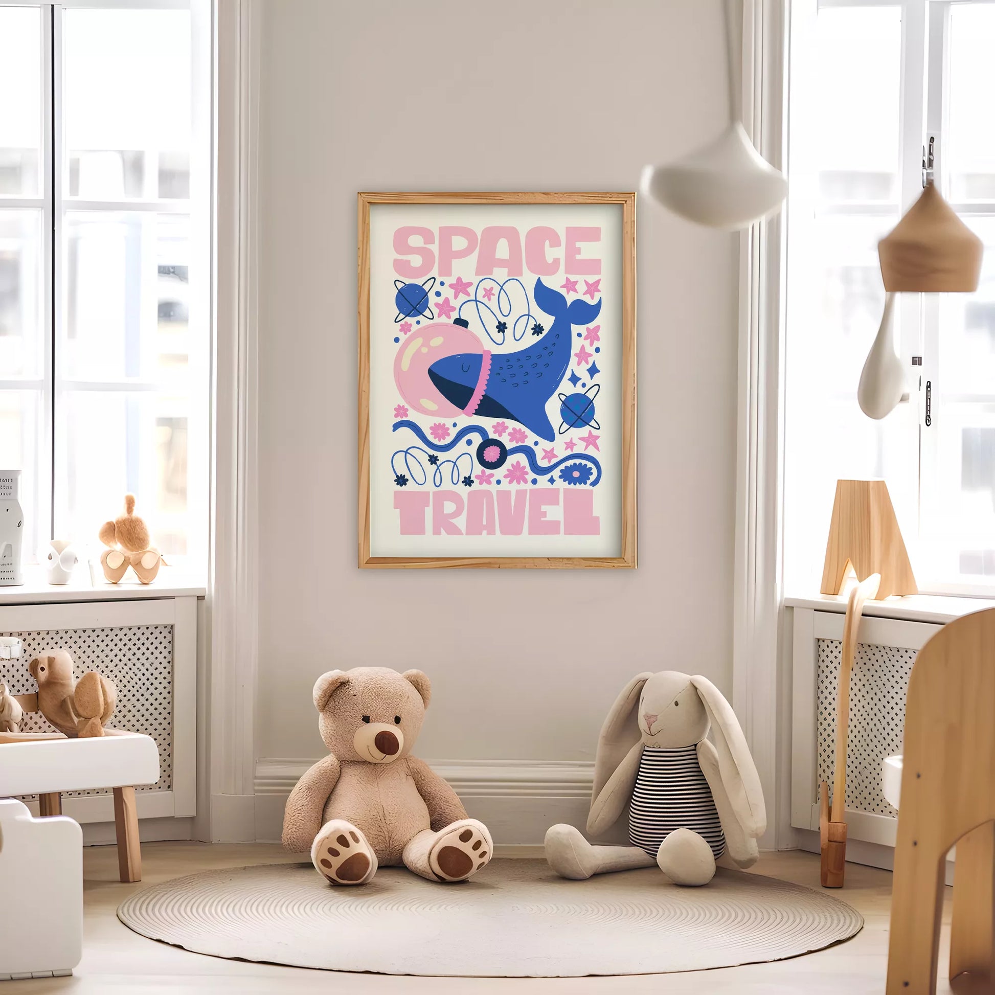 子供可愛いクジラ宇宙飛行士宇宙旅行ポスターピンクブルー