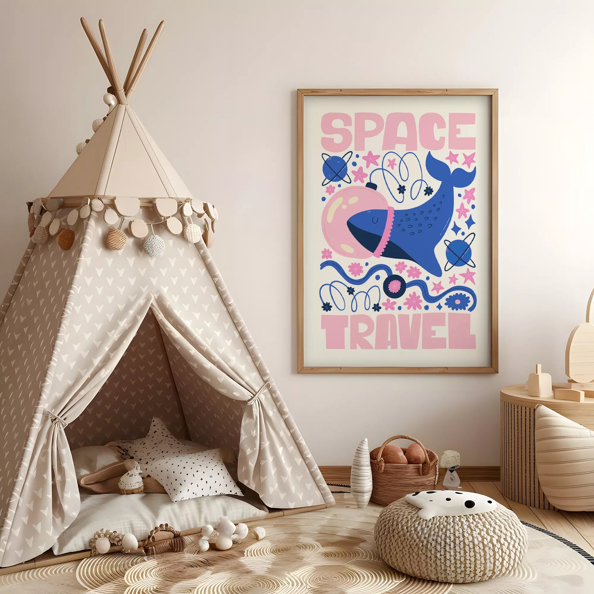 子供可愛いクジラ宇宙飛行士宇宙旅行ポスターピンクブルー
