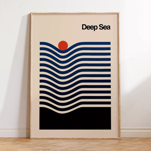 北欧デザインの抽象的な深海と太陽のアートポスター モダンインテリア 波ライン