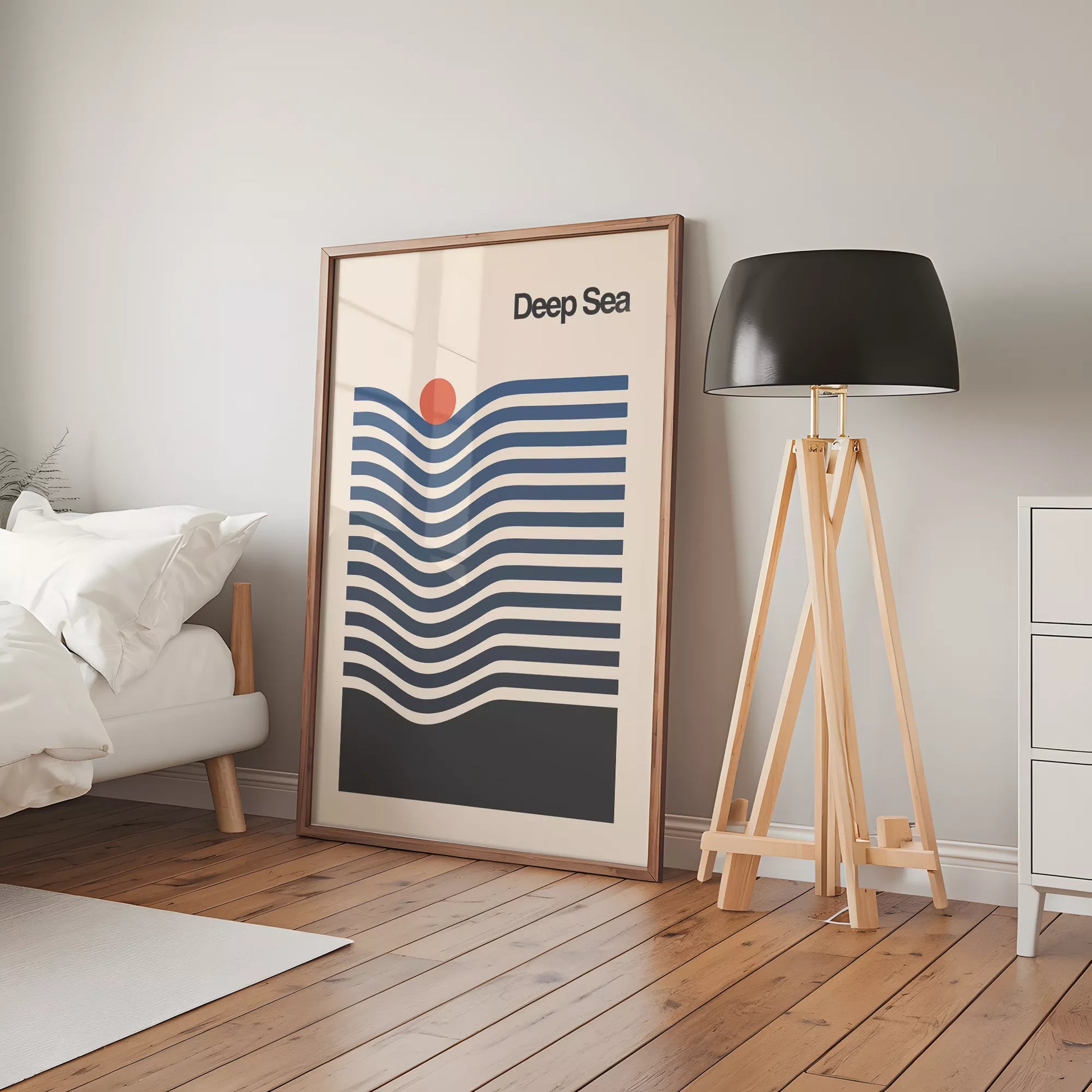 北欧デザインの抽象的な深海と太陽のアートポスター モダンインテリア 波ライン