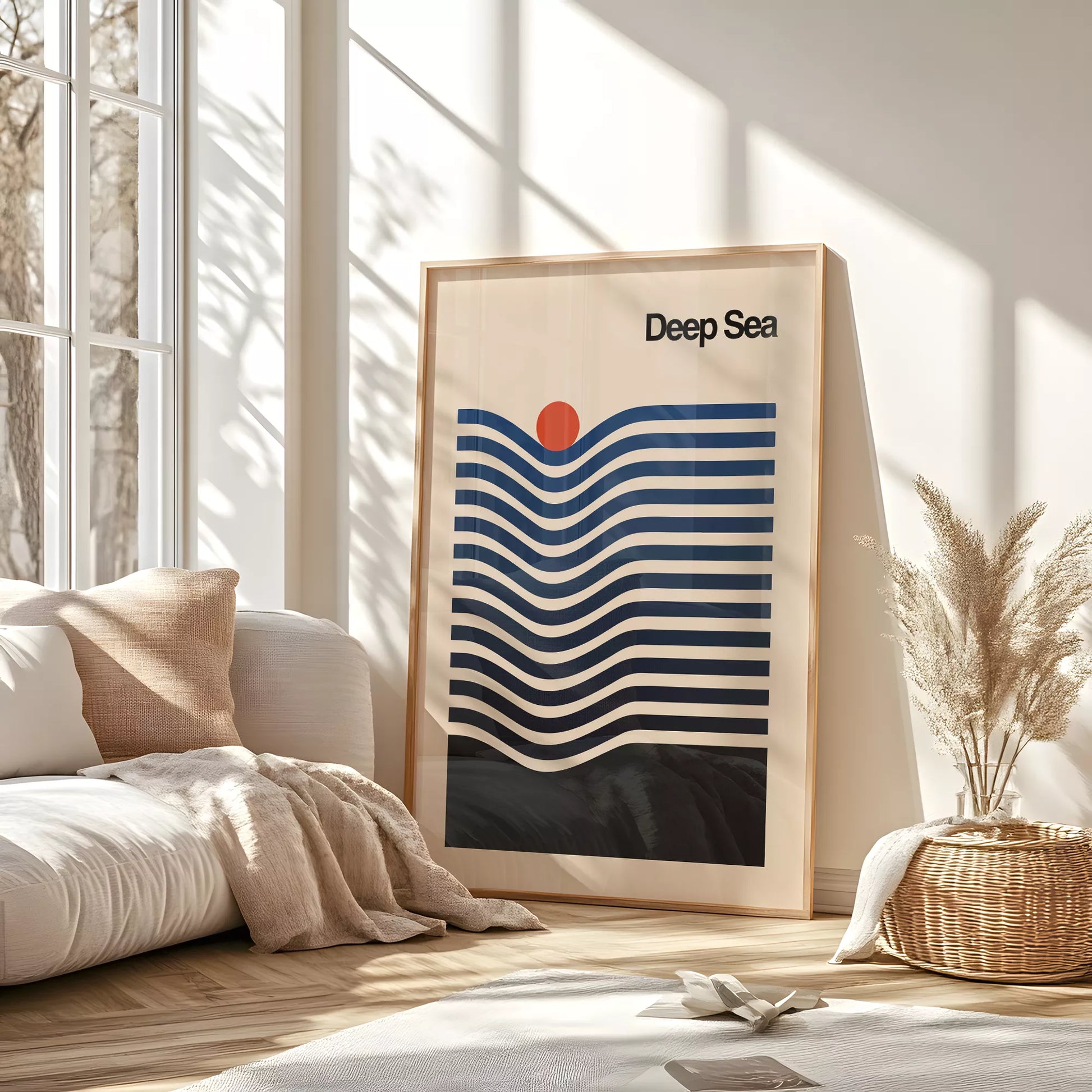 北欧デザインの抽象的な深海と太陽のアートポスター モダンインテリア 波ライン