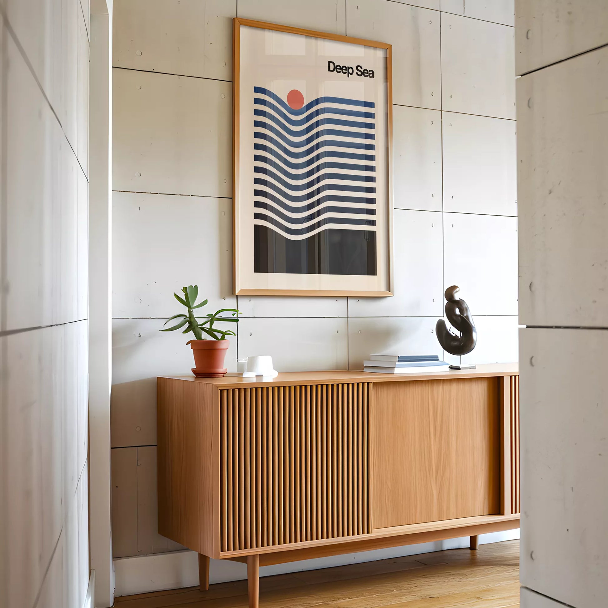 北欧風の抽象的な波と太陽のアートポスター