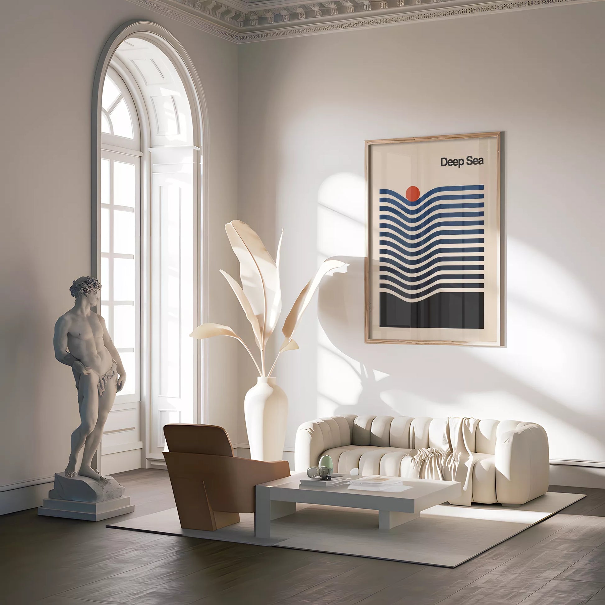 北欧風の抽象的な波と太陽のアートポスター