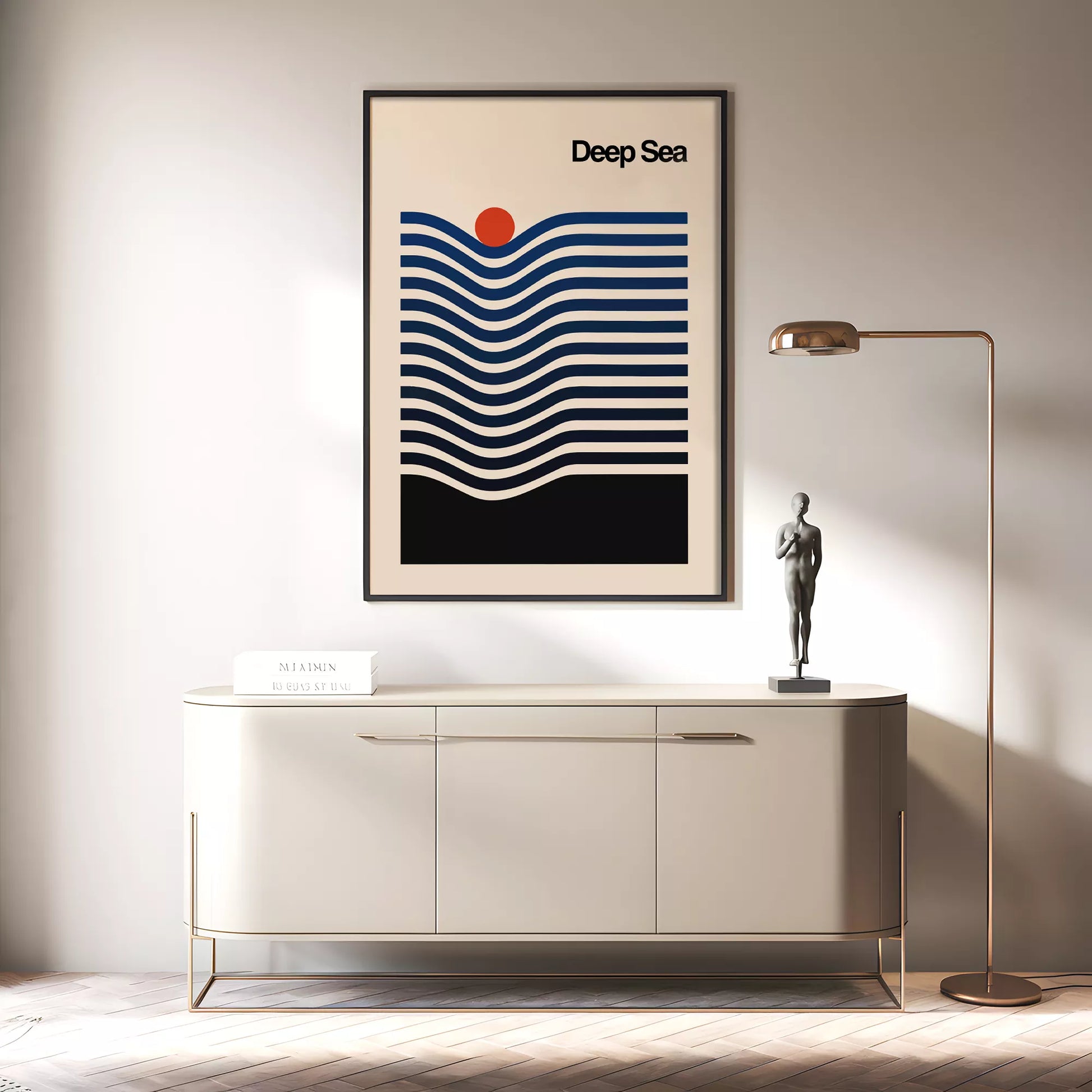 北欧風の抽象的な波と太陽のアートポスター