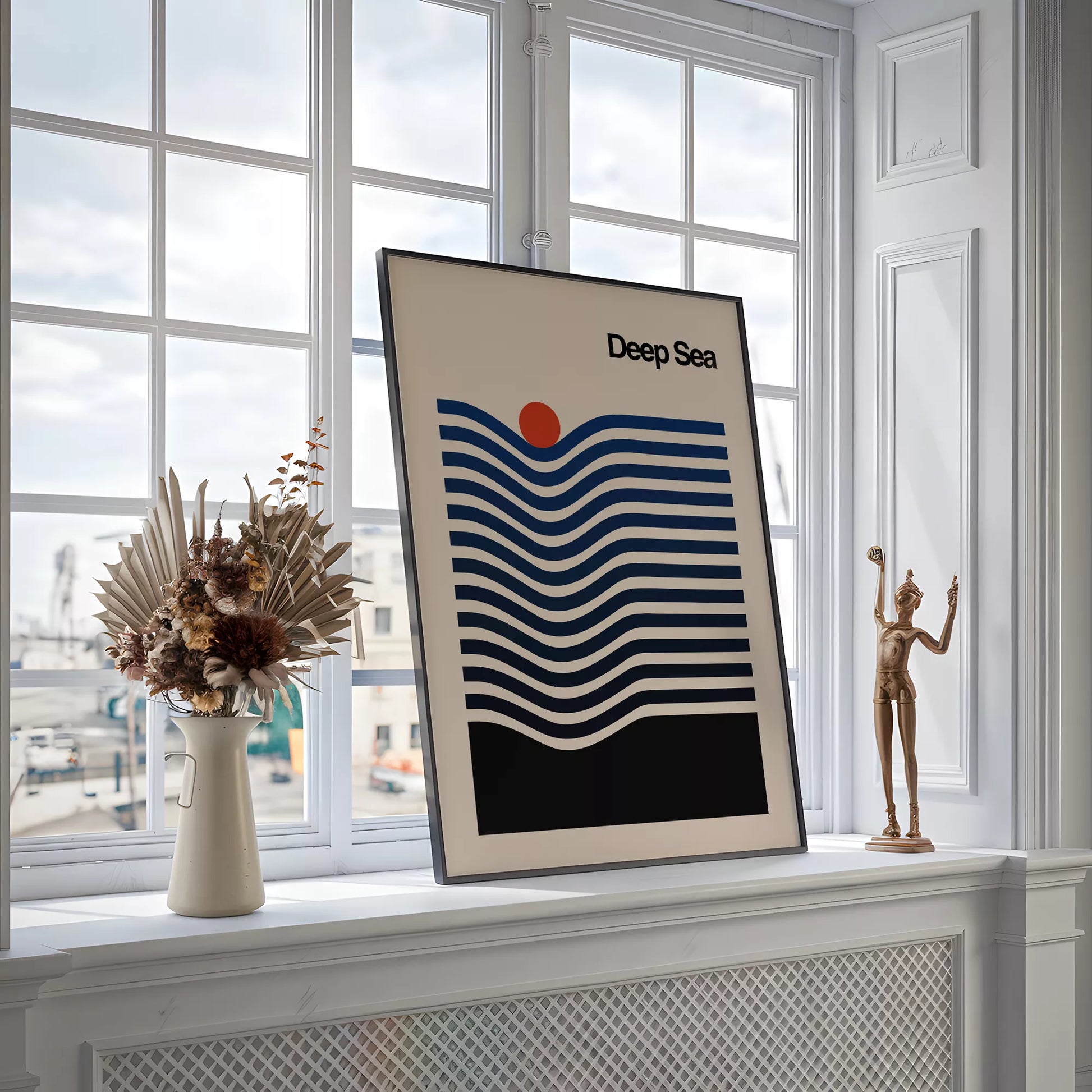 北欧風の抽象的な波と太陽のアートポスター