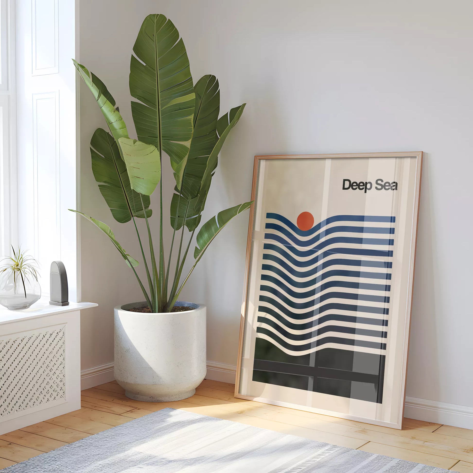 北欧風の抽象的な波と太陽のアートポスター