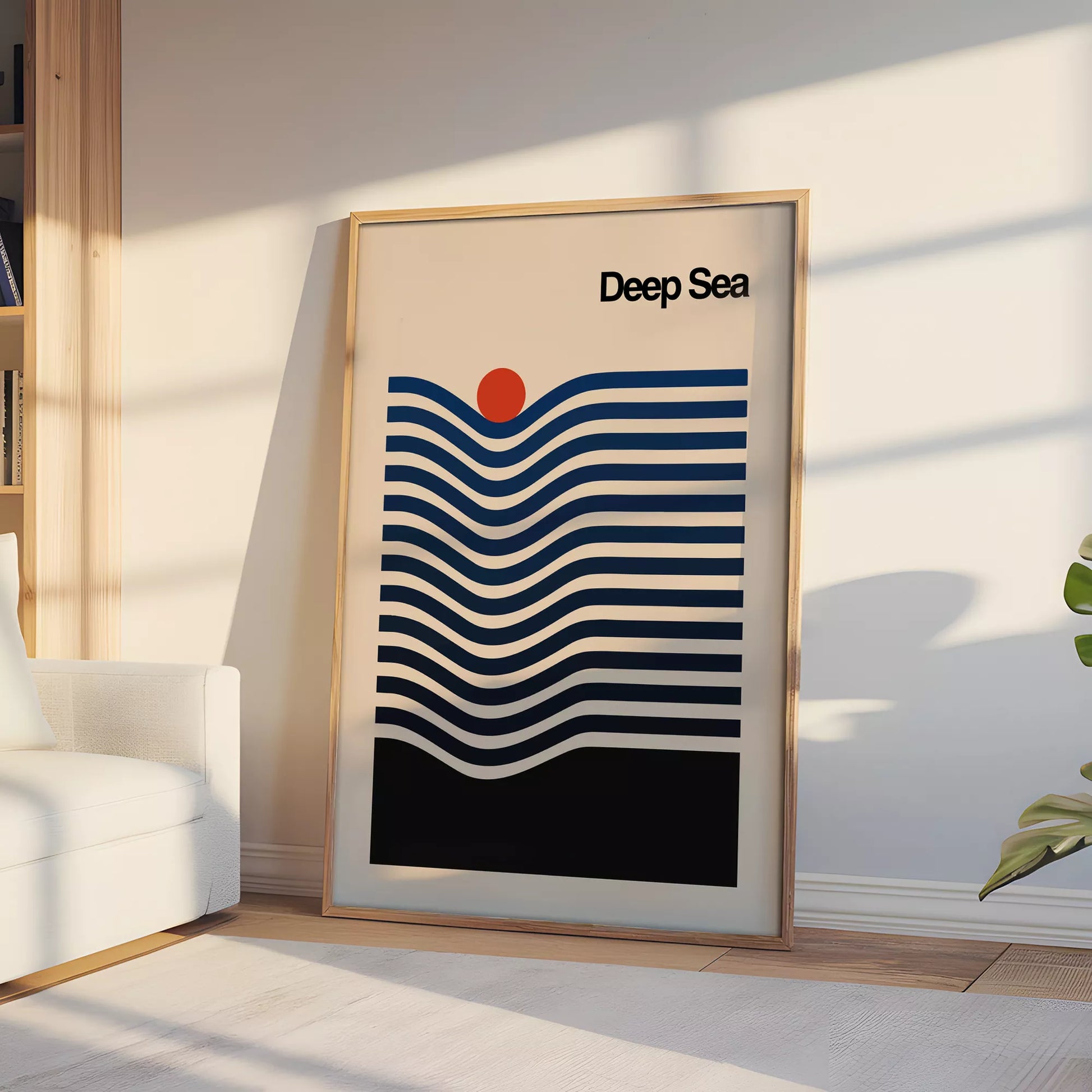 北欧風の抽象的な波と太陽のアートポスター