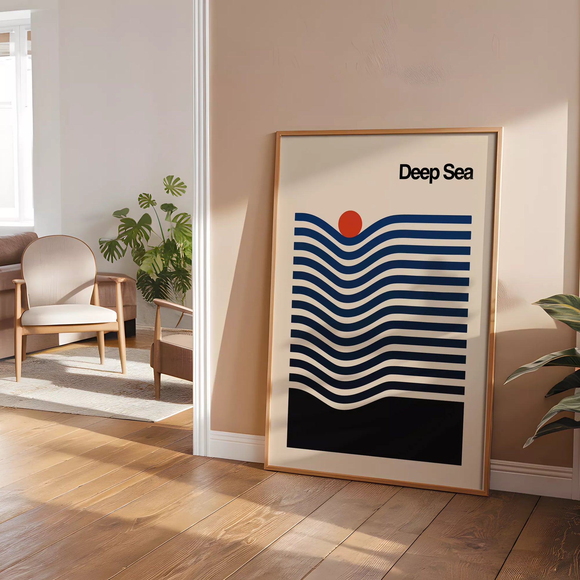 北欧デザインの抽象的な深海と太陽のアートポスター モダンインテリア 波ライン