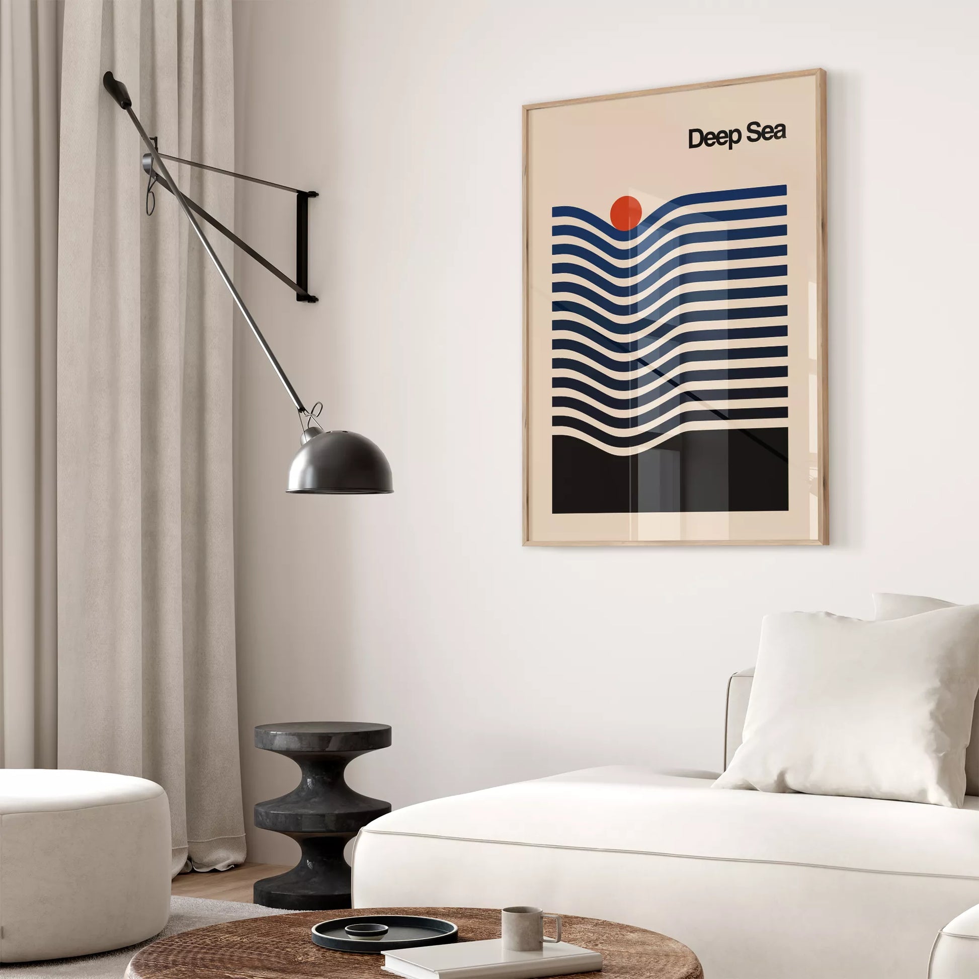北欧デザインの抽象的な深海と太陽のアートポスター モダンインテリア 波ライン