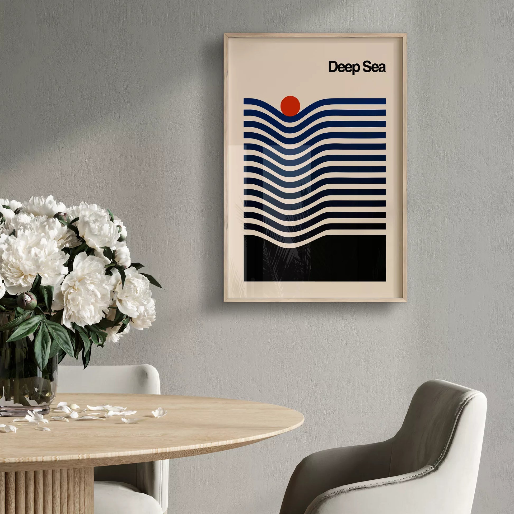 北欧デザインの抽象的な深海と太陽のアートポスター モダンインテリア 波ライン
