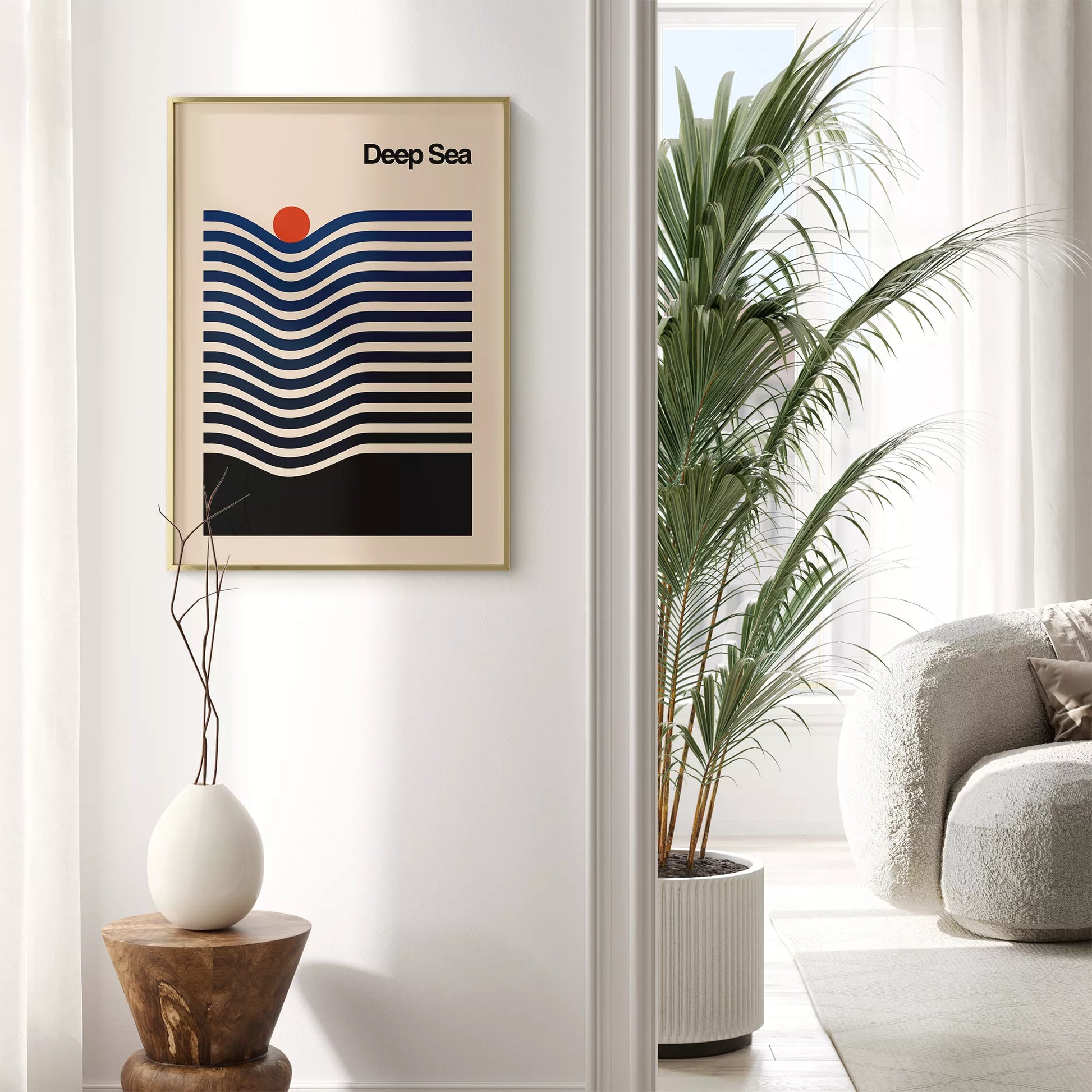 北欧デザインの抽象的な深海と太陽のアートポスター モダンインテリア 波ライン