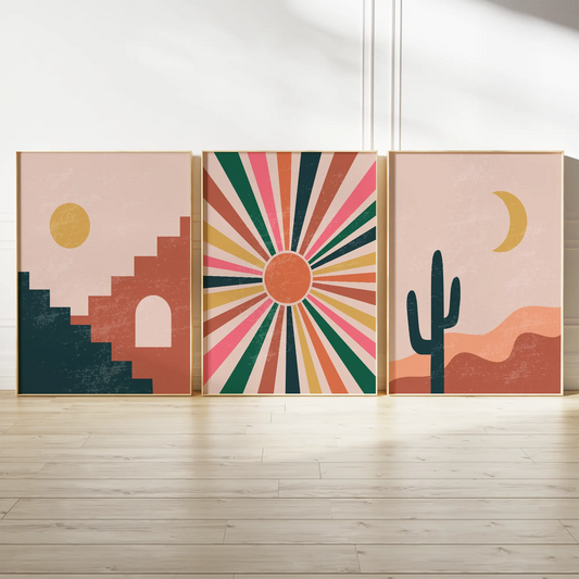 砂漠の太陽とサボテンを描いた幾何学北欧モダンアートポスター 3枚セット