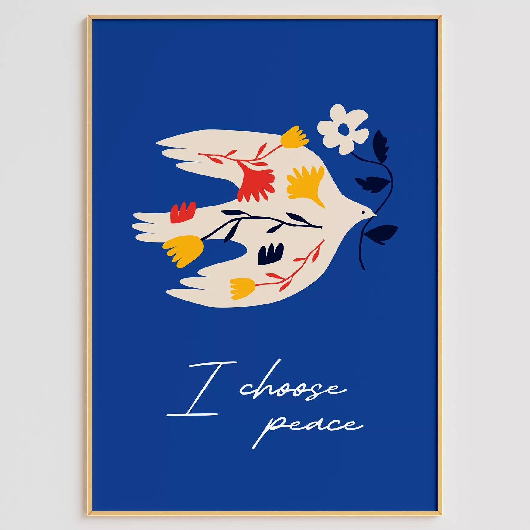 北欧デザインの鳩と花の平和アートポスター ロイヤルブルー背景