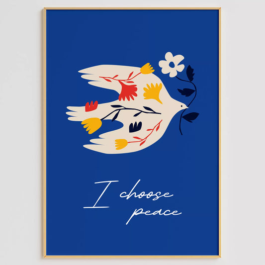 北欧デザインの鳩と花の平和アートポスター ロイヤルブルー背景