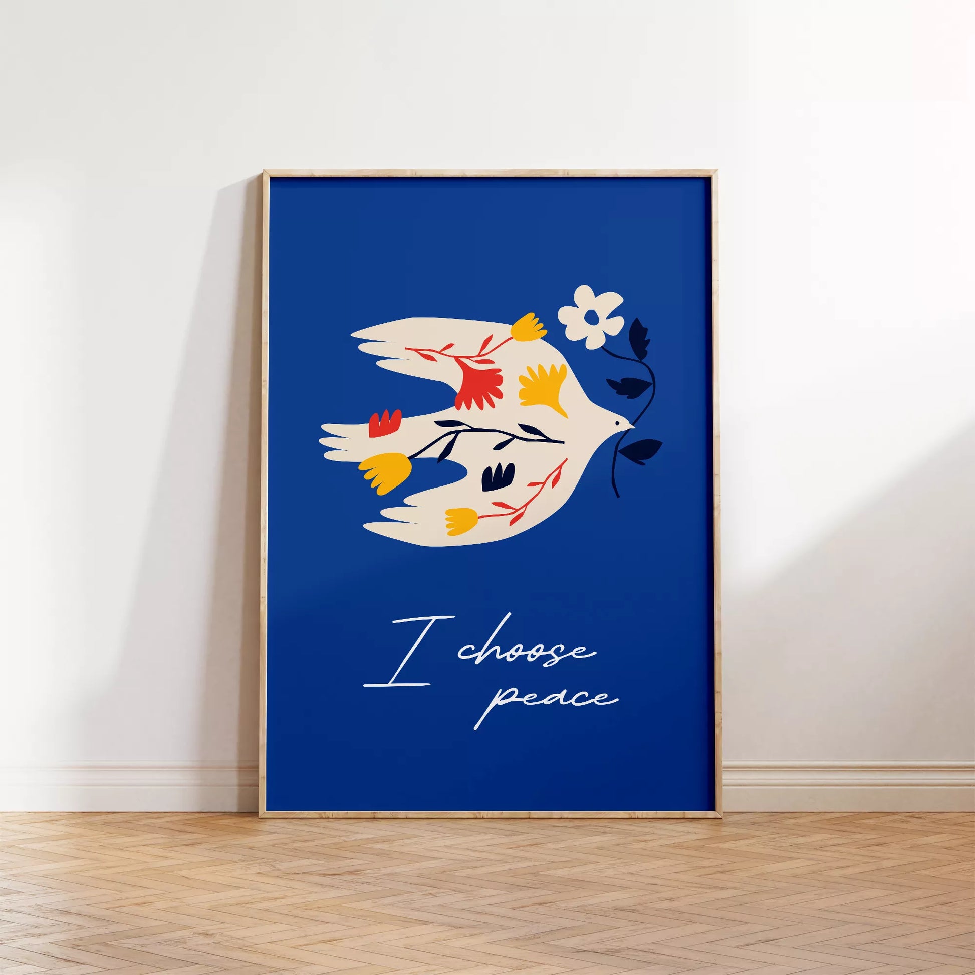 北欧デザインの鳩と花の平和アートポスター ロイヤルブルー背景