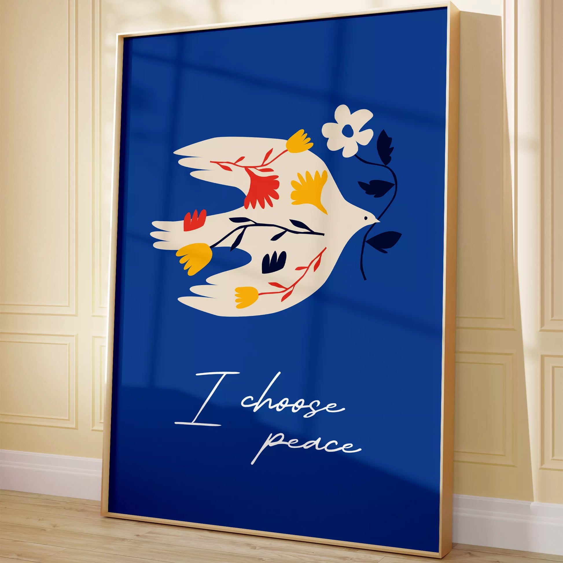 北欧デザインの鳩と花の平和アートポスター ロイヤルブルー背景