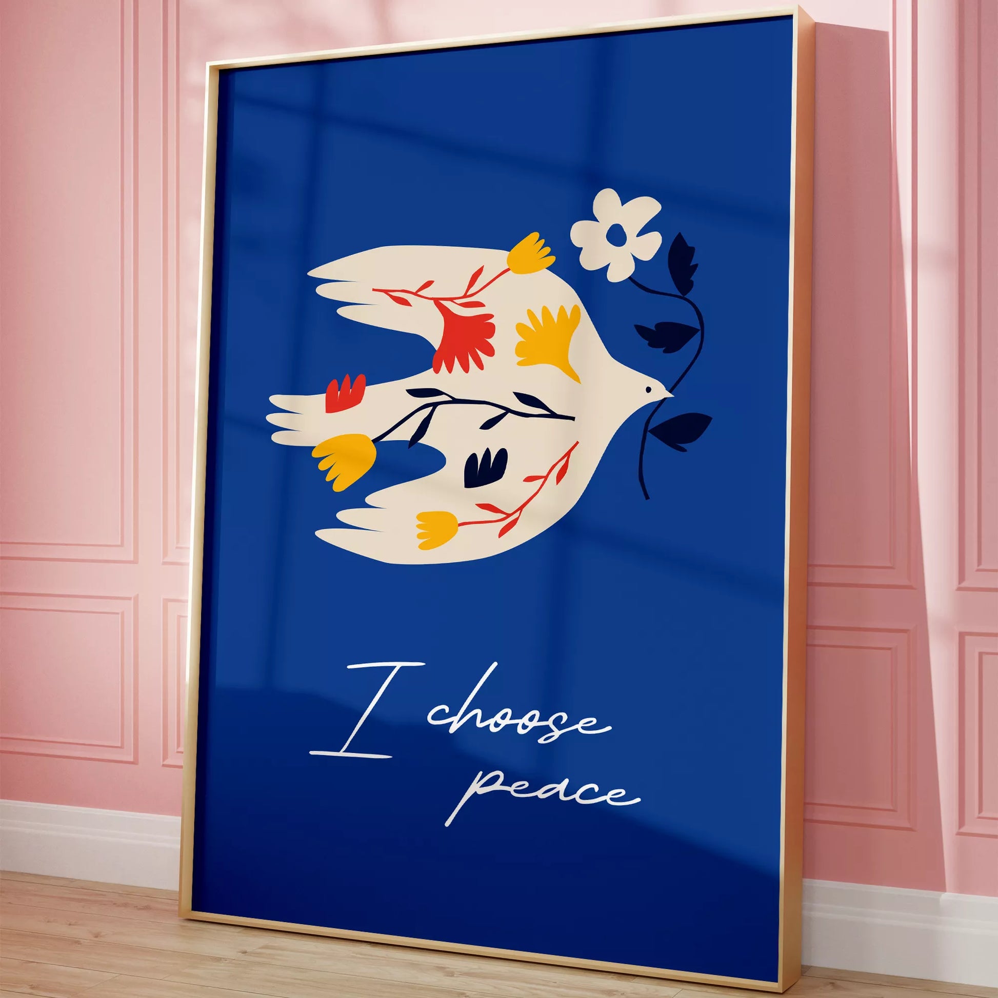 北欧デザインの鳩と花の平和アートポスター ロイヤルブルー背景