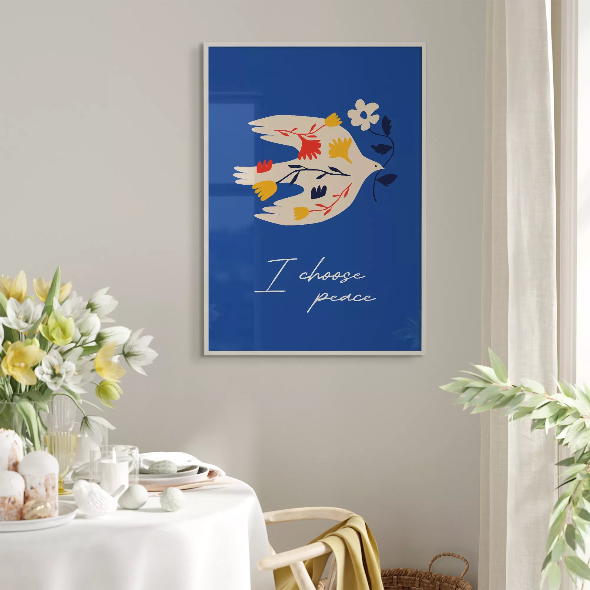 北欧デザインの鳩と花の平和アートポスター ロイヤルブルー背景