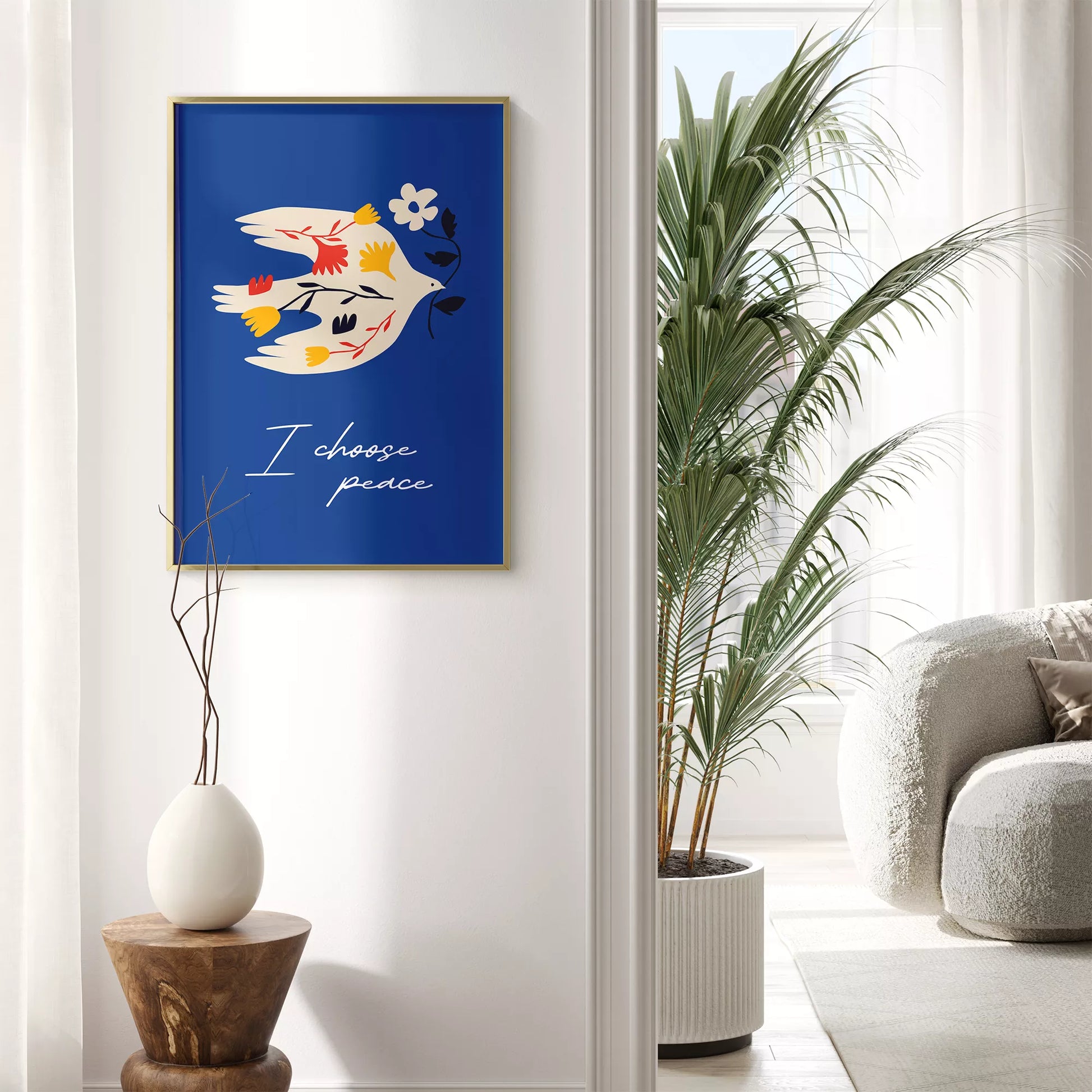 北欧デザインの鳩と花の平和アートポスター ロイヤルブルー背景