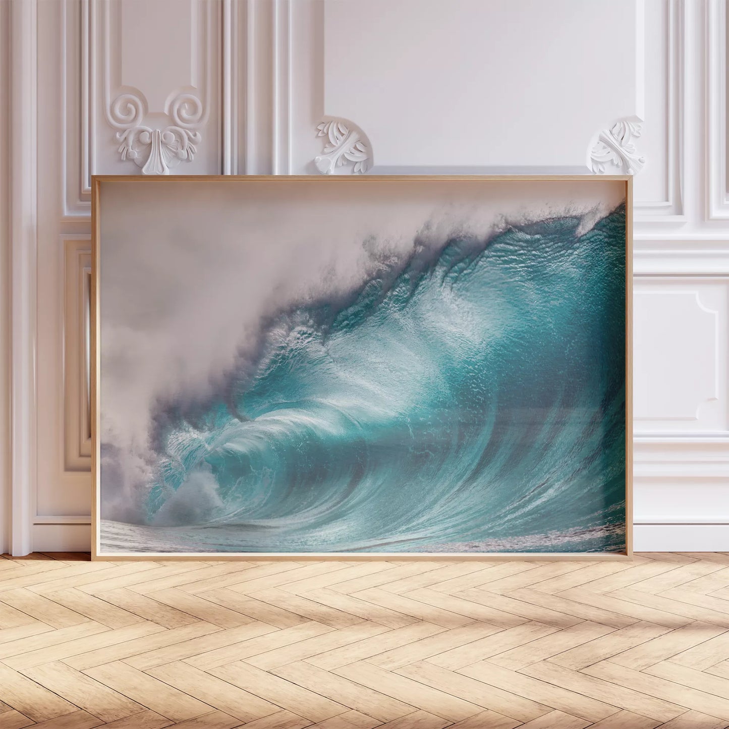 ターコイズブルーの巨大な波が力強くうねる海の壁掛けアート