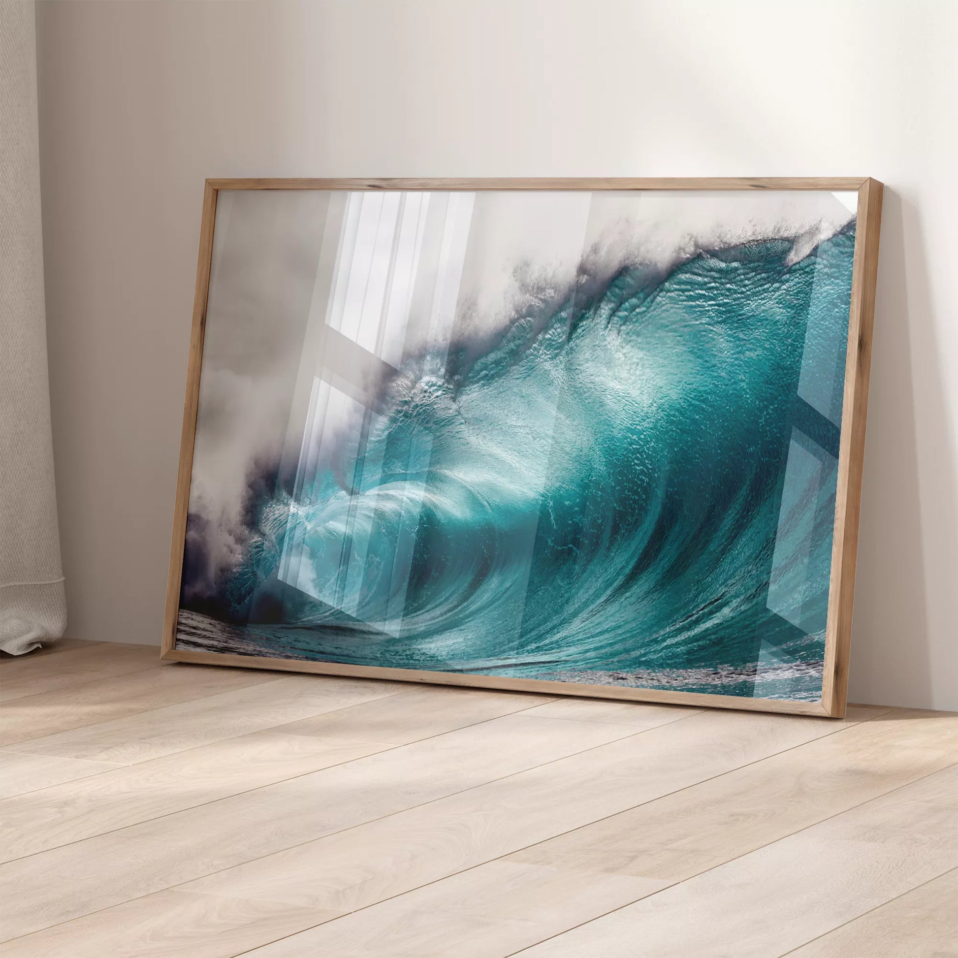 ターコイズブルーの巨大な波が力強くうねる海の壁掛けアート