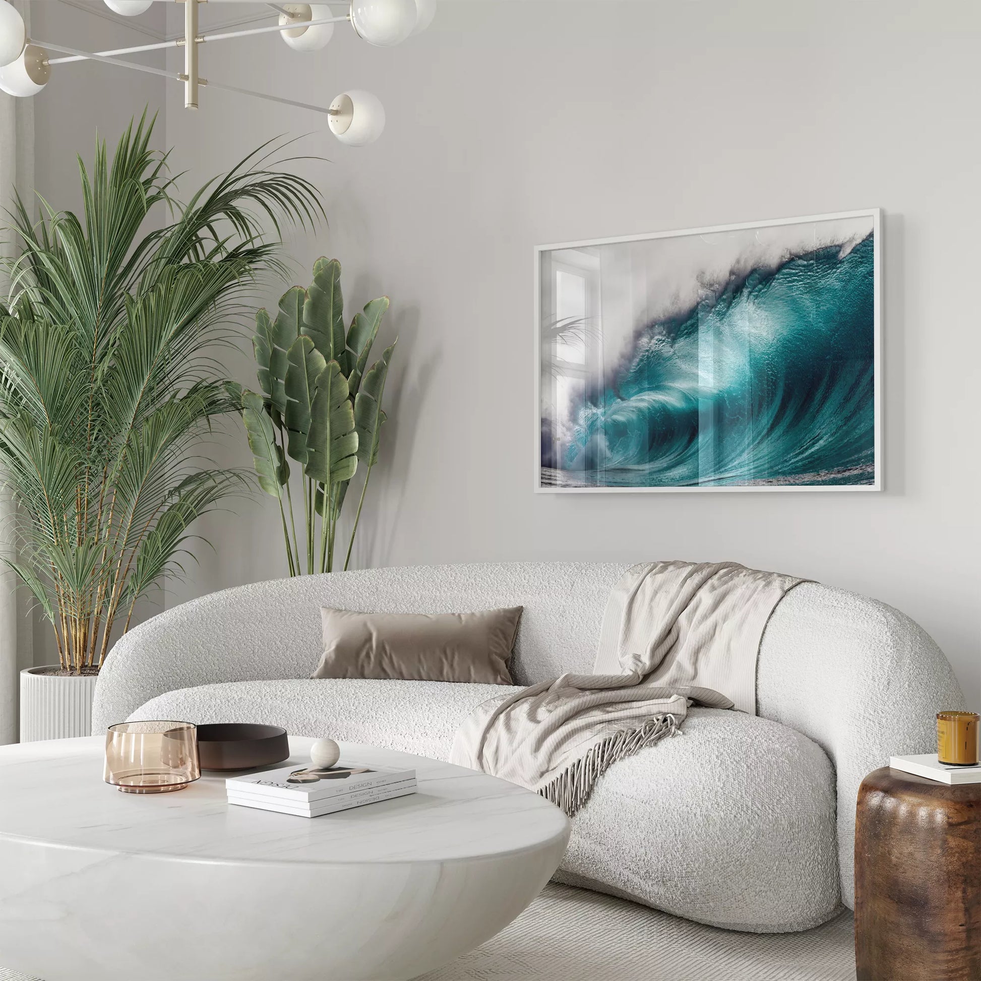 ターコイズブルーの巨大な波が力強くうねる海の壁掛けアート