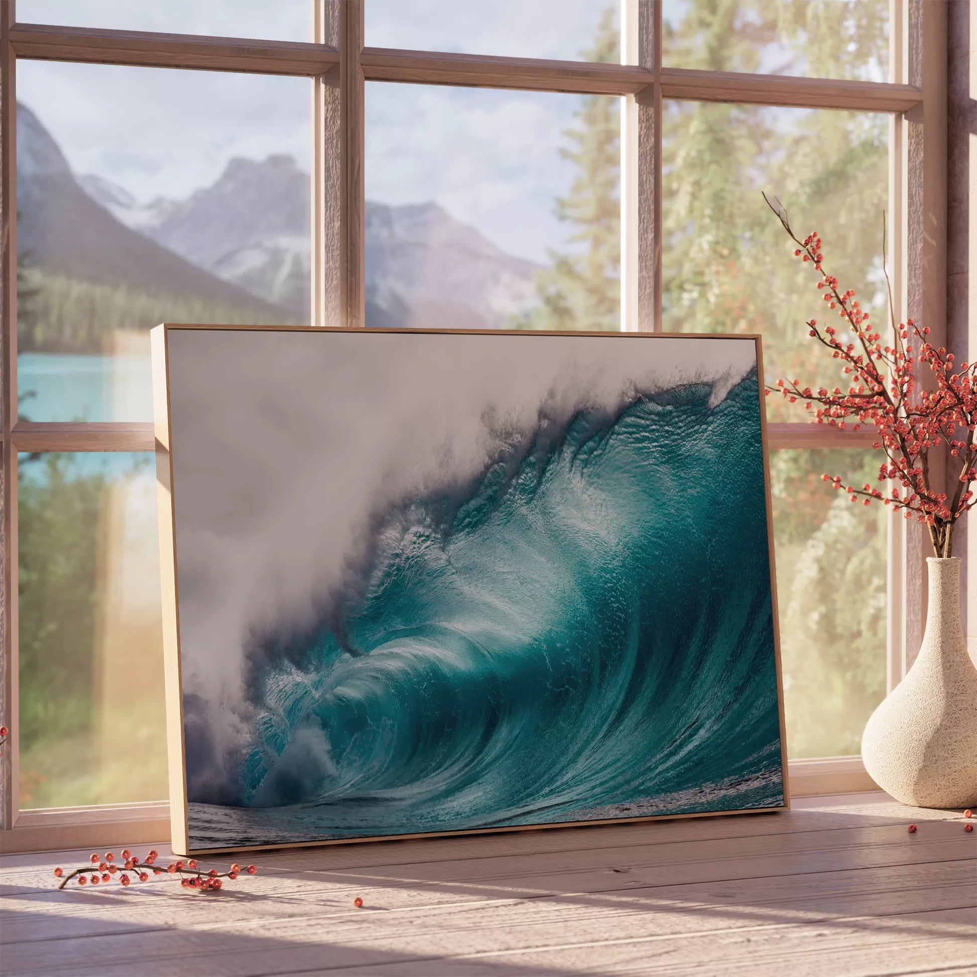 ターコイズブルーの巨大な波が力強くうねる海の壁掛けアート