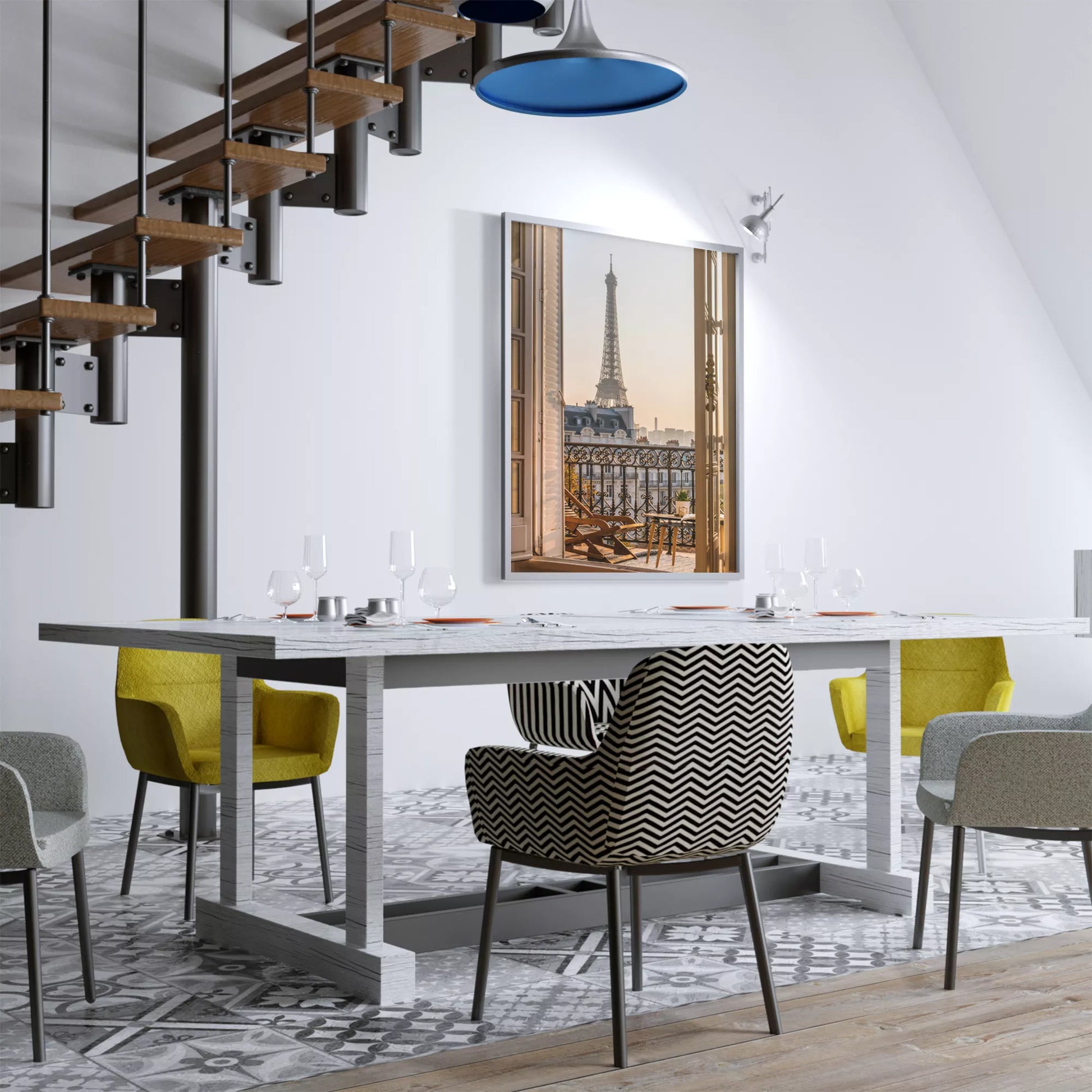 エッフェル塔とバルコニーの眺めが美しいアートプリント。インテリアに最適なデザイン。