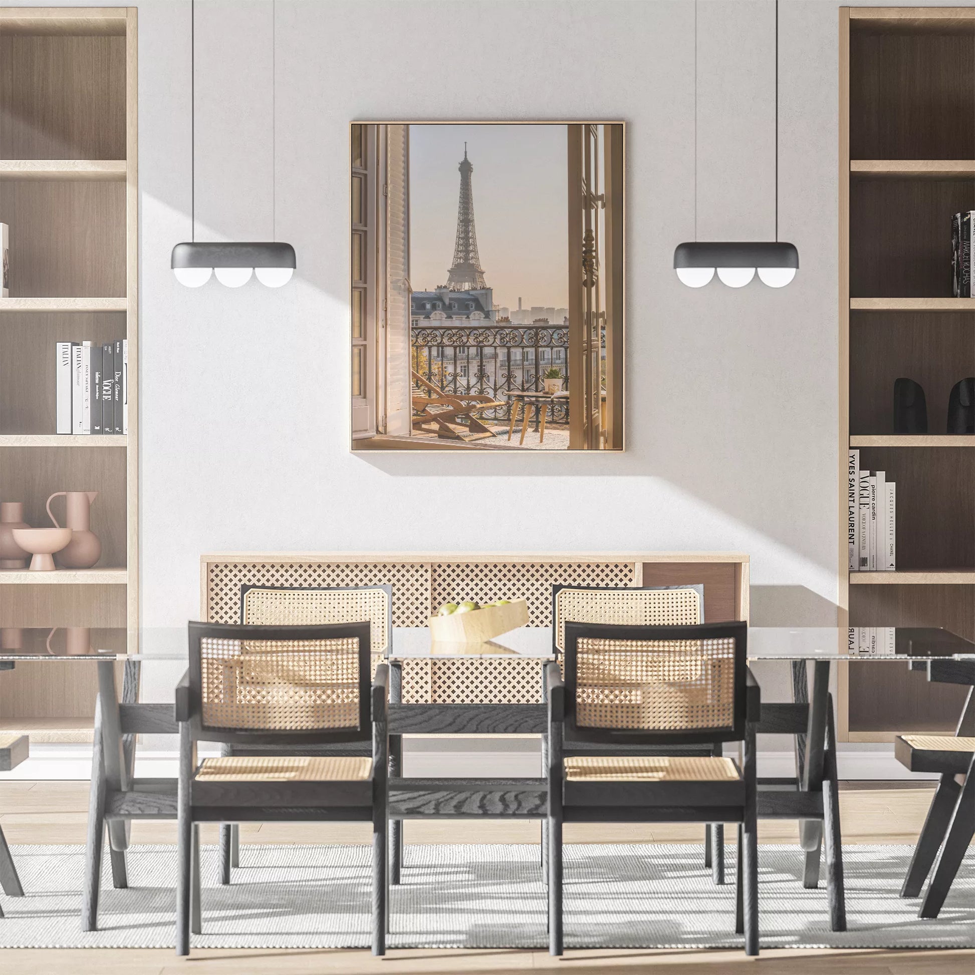 エッフェル塔とバルコニーの眺めが美しいアートプリント。インテリアに最適なデザイン。