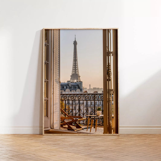 エッフェル塔とバルコニーの眺めが美しいアートプリント。インテリアに最適なデザイン。