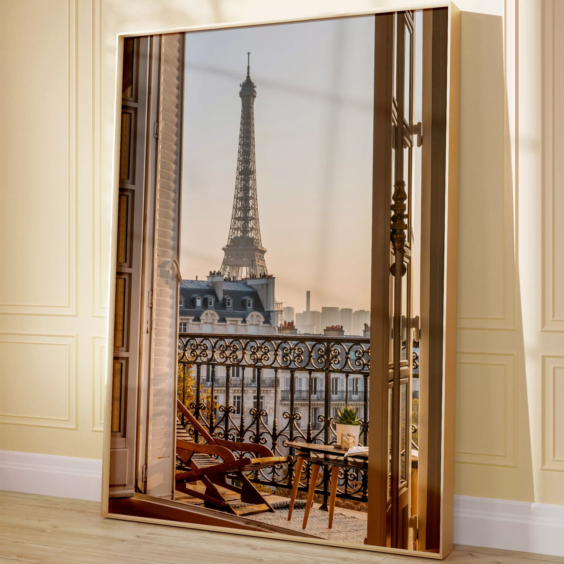 エッフェル塔とバルコニーの眺めが美しいアートプリント。インテリアに最適なデザイン。