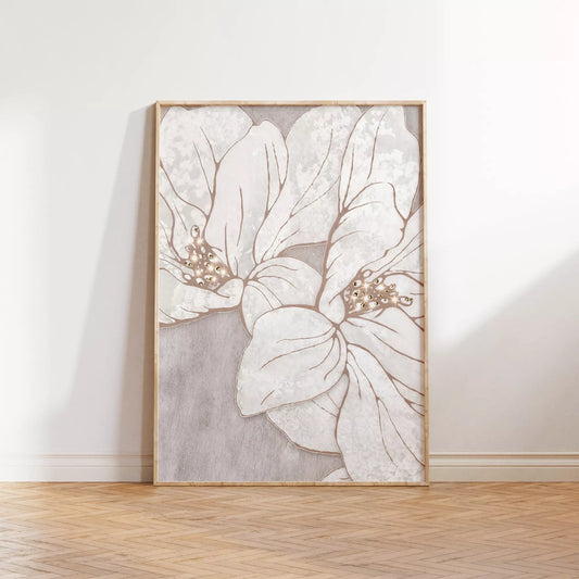 優雅な白い花のボタニカルアート、グレーの背景