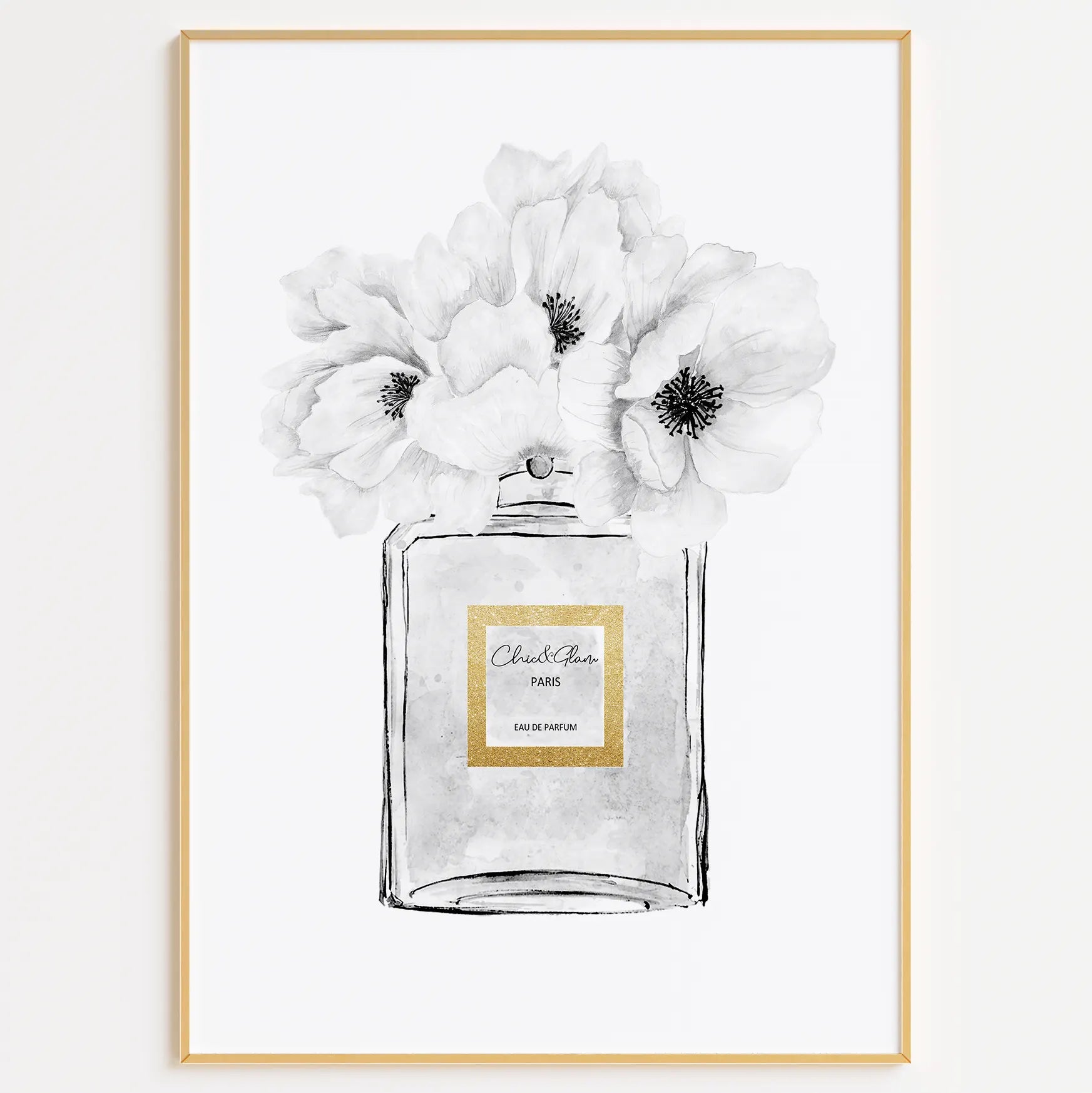 3枚セットのアートポスター。左は花が飾られた黒と白の香水瓶のイラスト、中央は『美しさは自分らしくあることを決めた瞬間に始まる』というおしゃれな書体のモチーフ、右は白いダリアの花のクローズアップ写真。