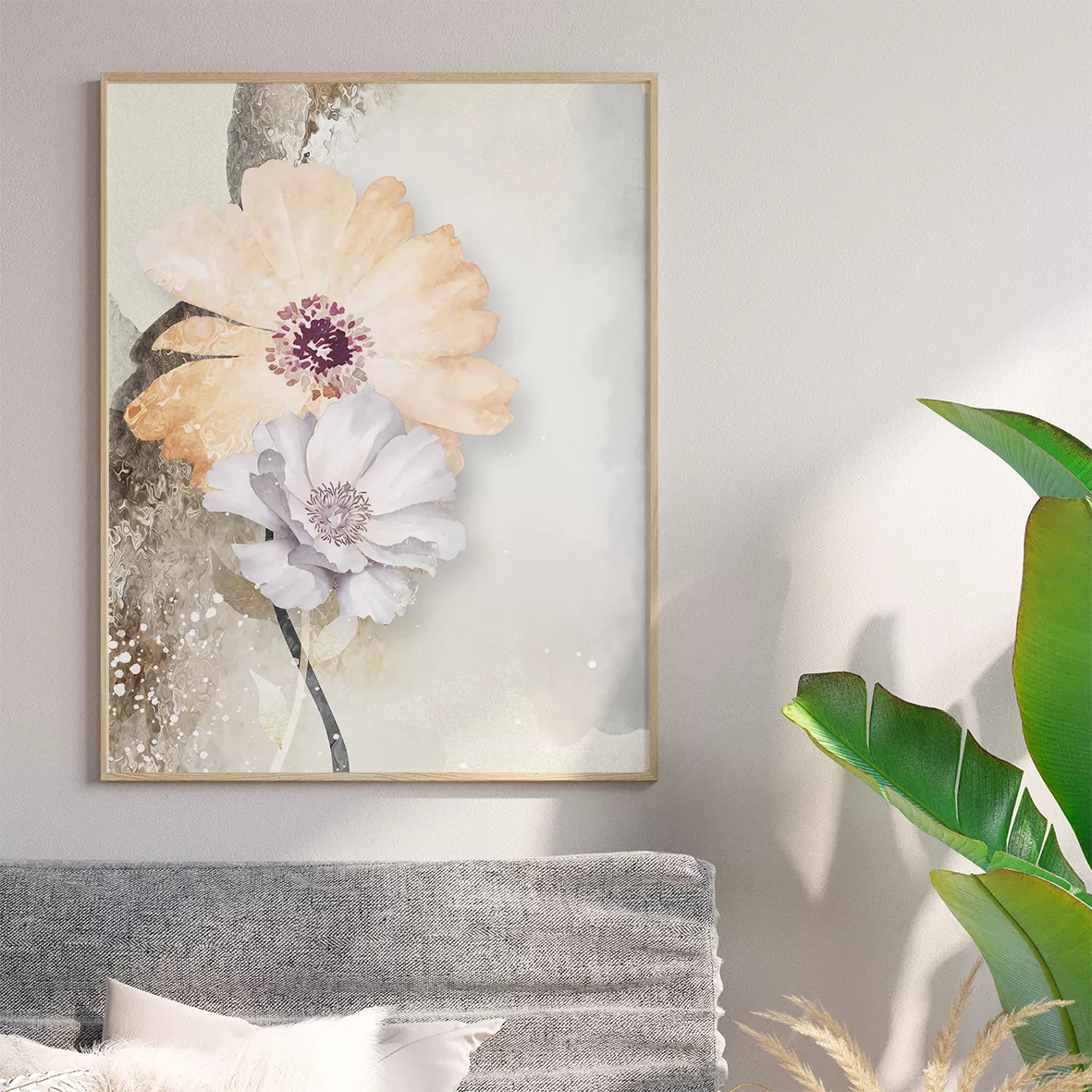 優美な水彩画風の白とアプリコット色の花のトリプティックアート