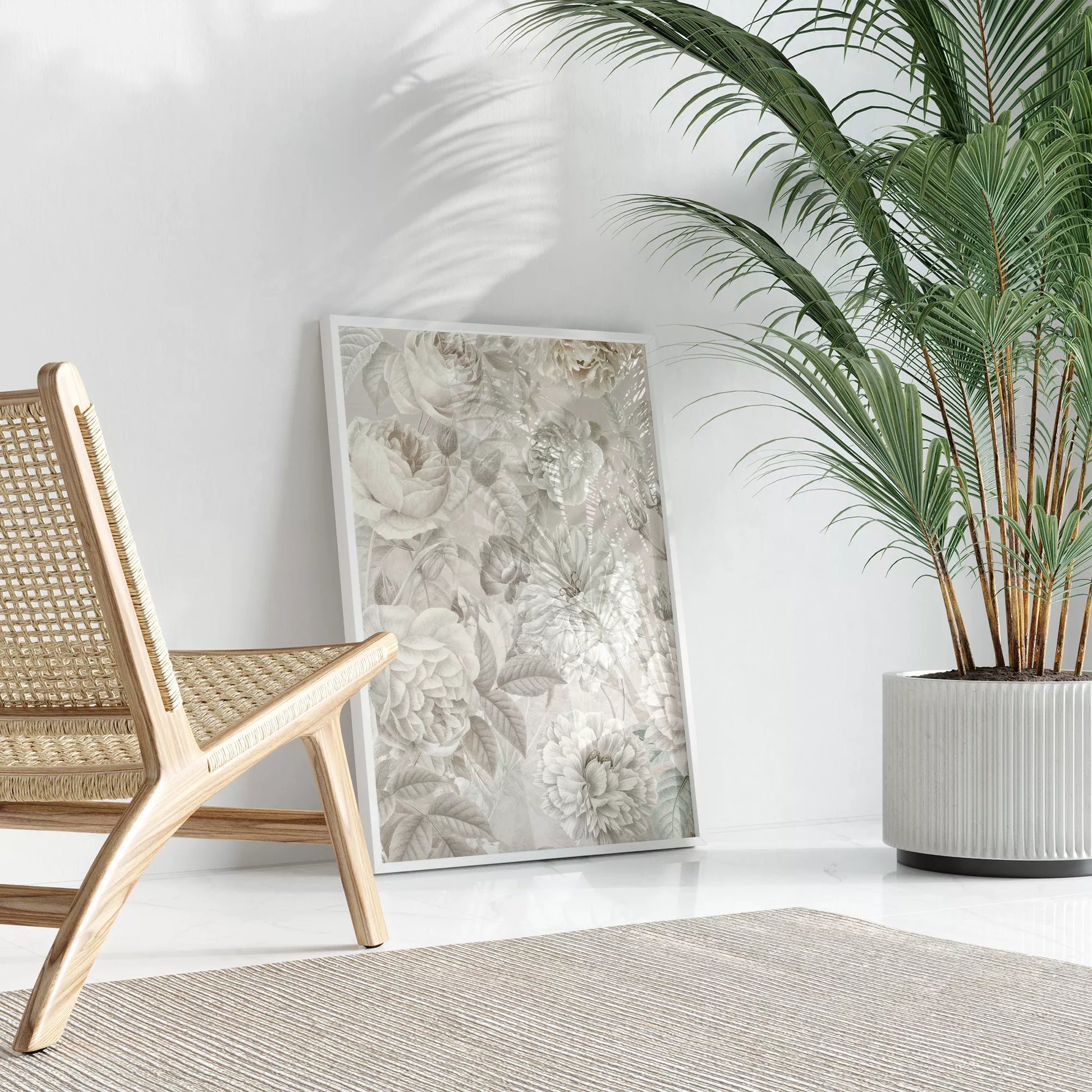 優雅な白バラの花柄アート、グレー背景の繊細なボタニカルデザイン