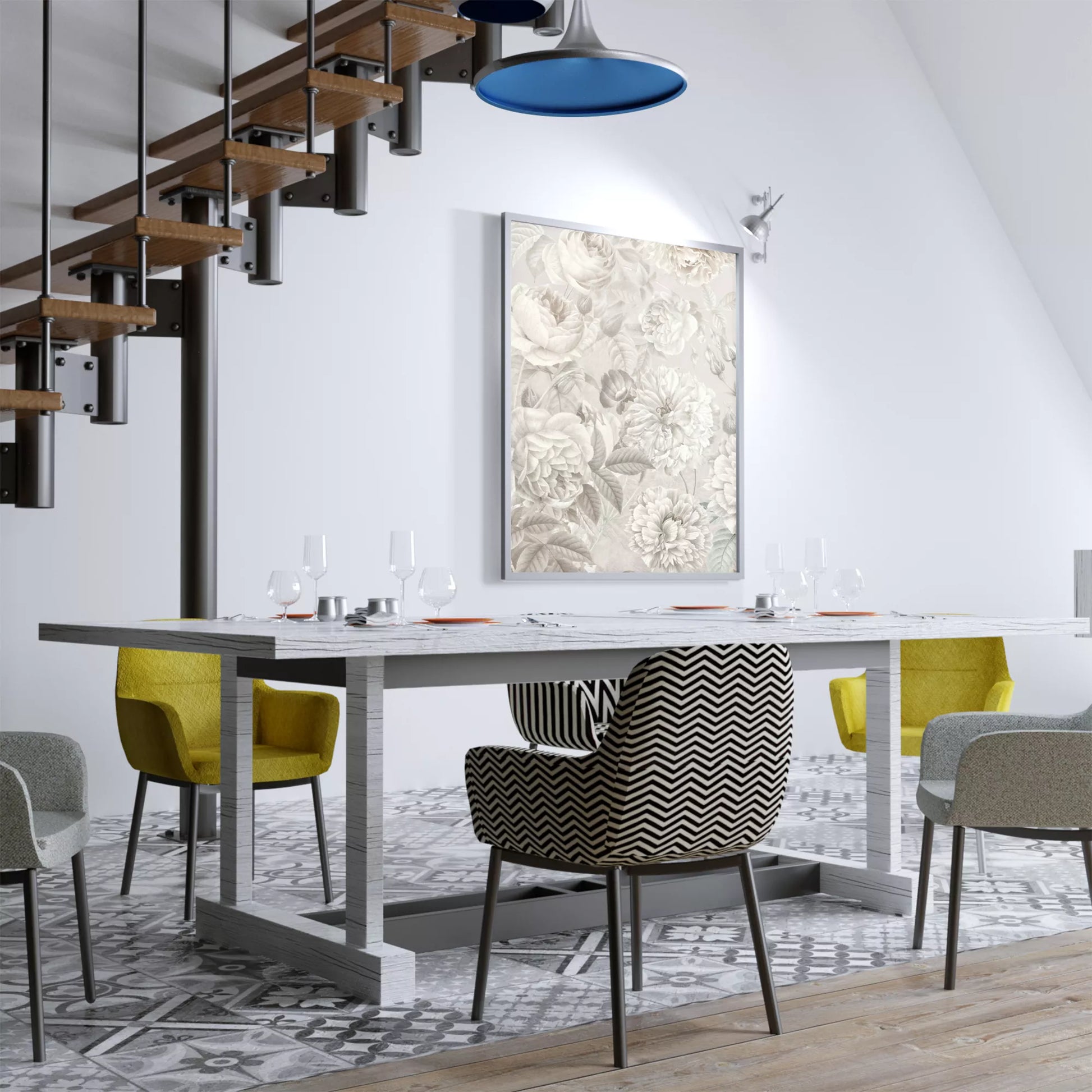 優雅な白バラの花柄アート、グレー背景の繊細なボタニカルデザイン