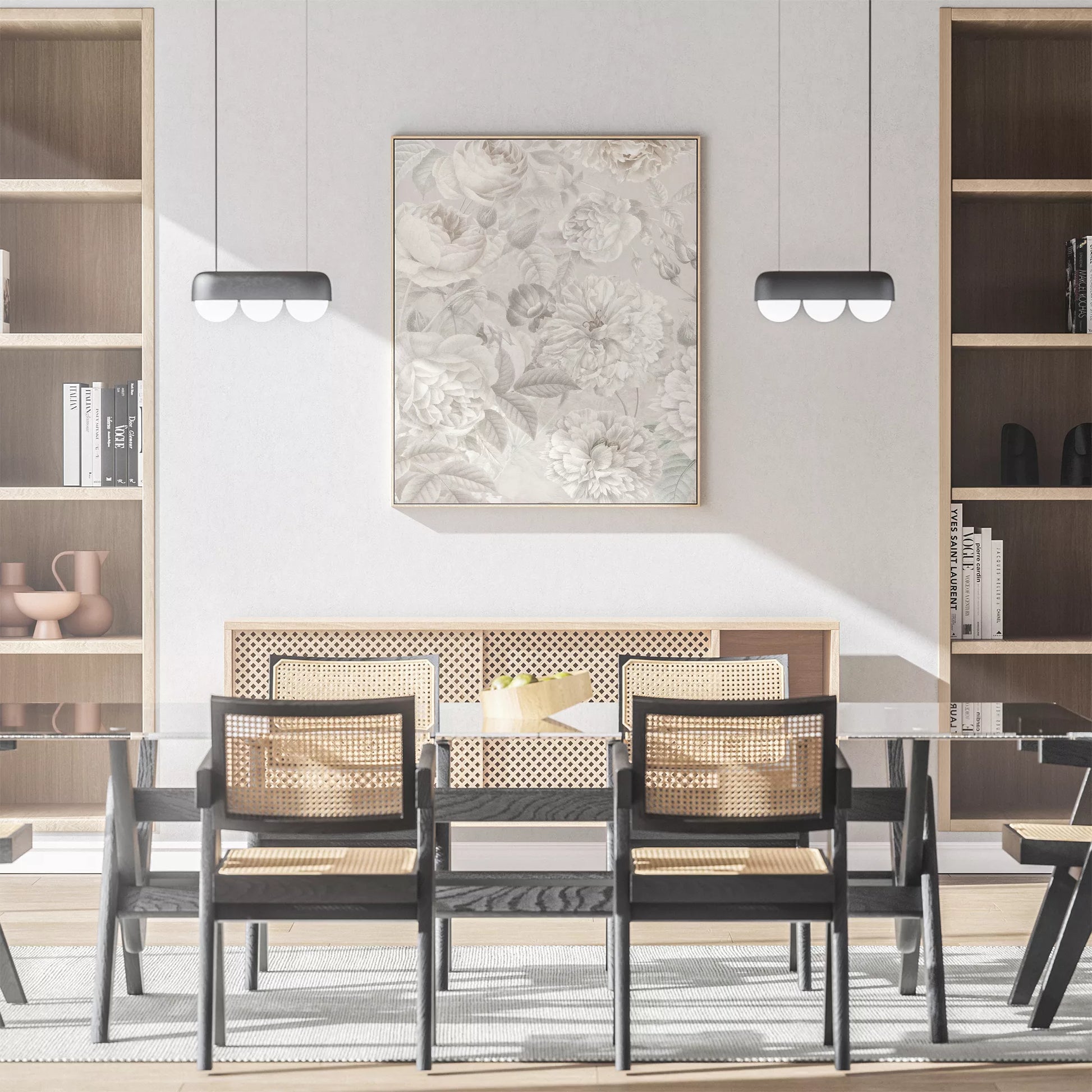 優雅な白バラの花柄アート、グレー背景の繊細なボタニカルデザイン