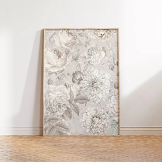 優雅な白バラの花柄アート、グレー背景の繊細なボタニカルデザイン