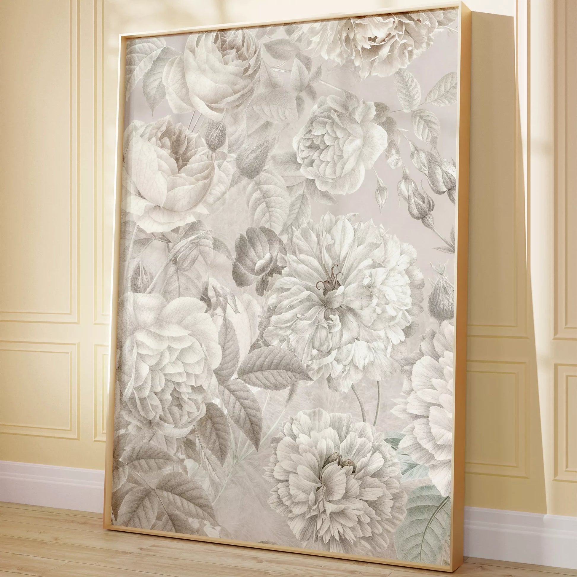 優雅な白バラの花柄アート、グレー背景の繊細なボタニカルデザイン